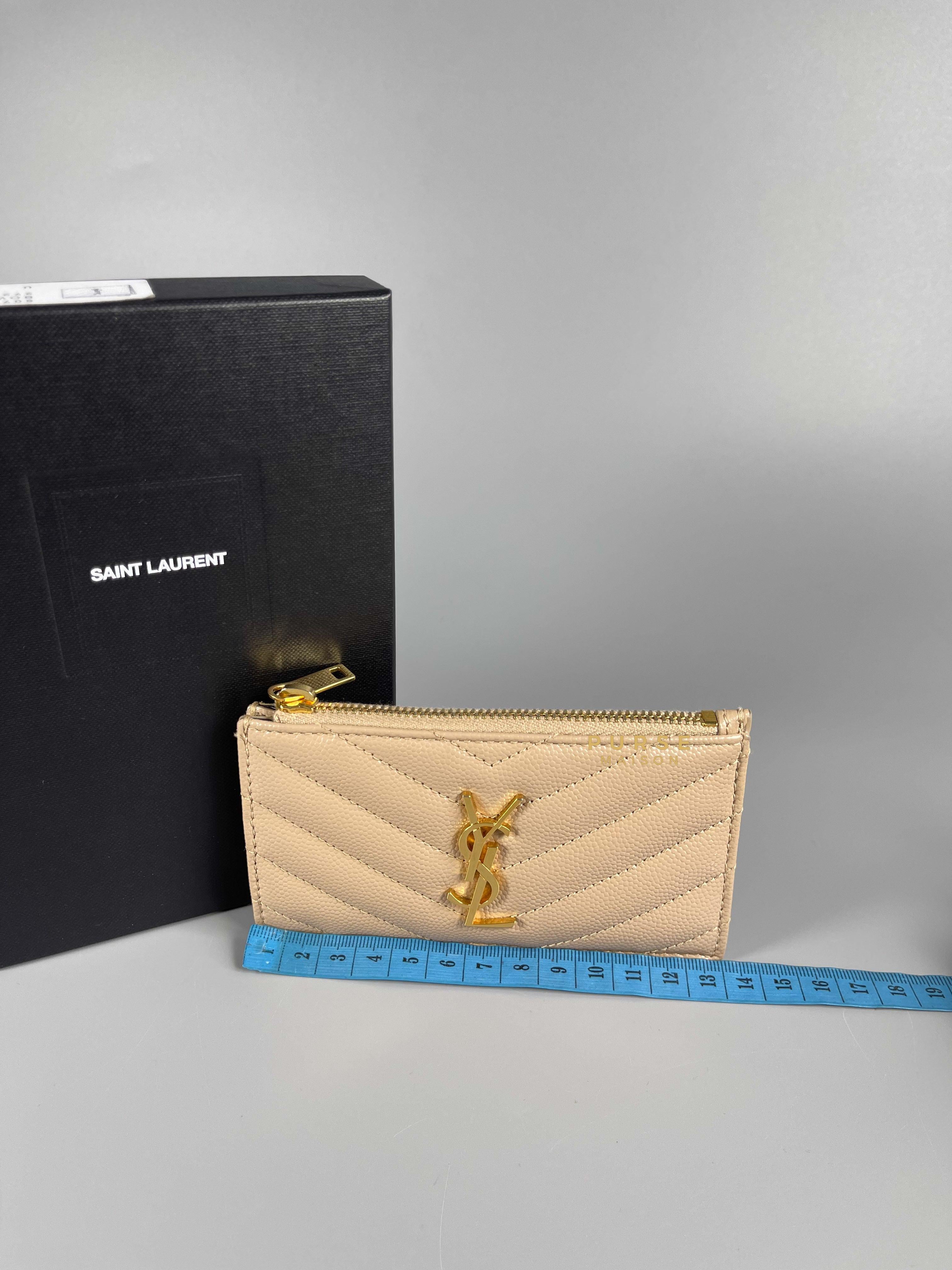 YSL Card Holder Dark Beige Grain De Poudre Matelasse Chevron Monogram | Purse Maison Luxury Bags Shop