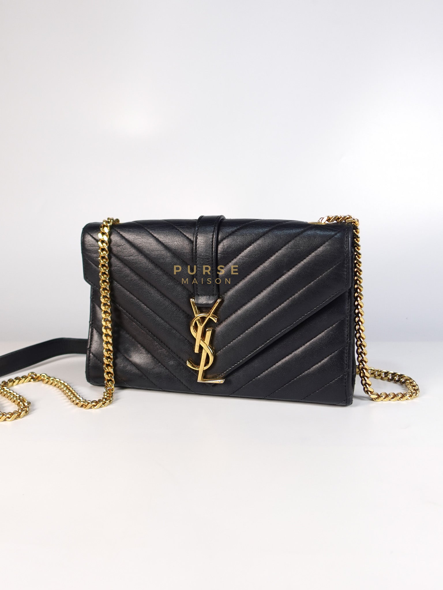 YSL College Black Chevron Lambskin Shoulder Bag | Purse Maison Luxury Bags Shop