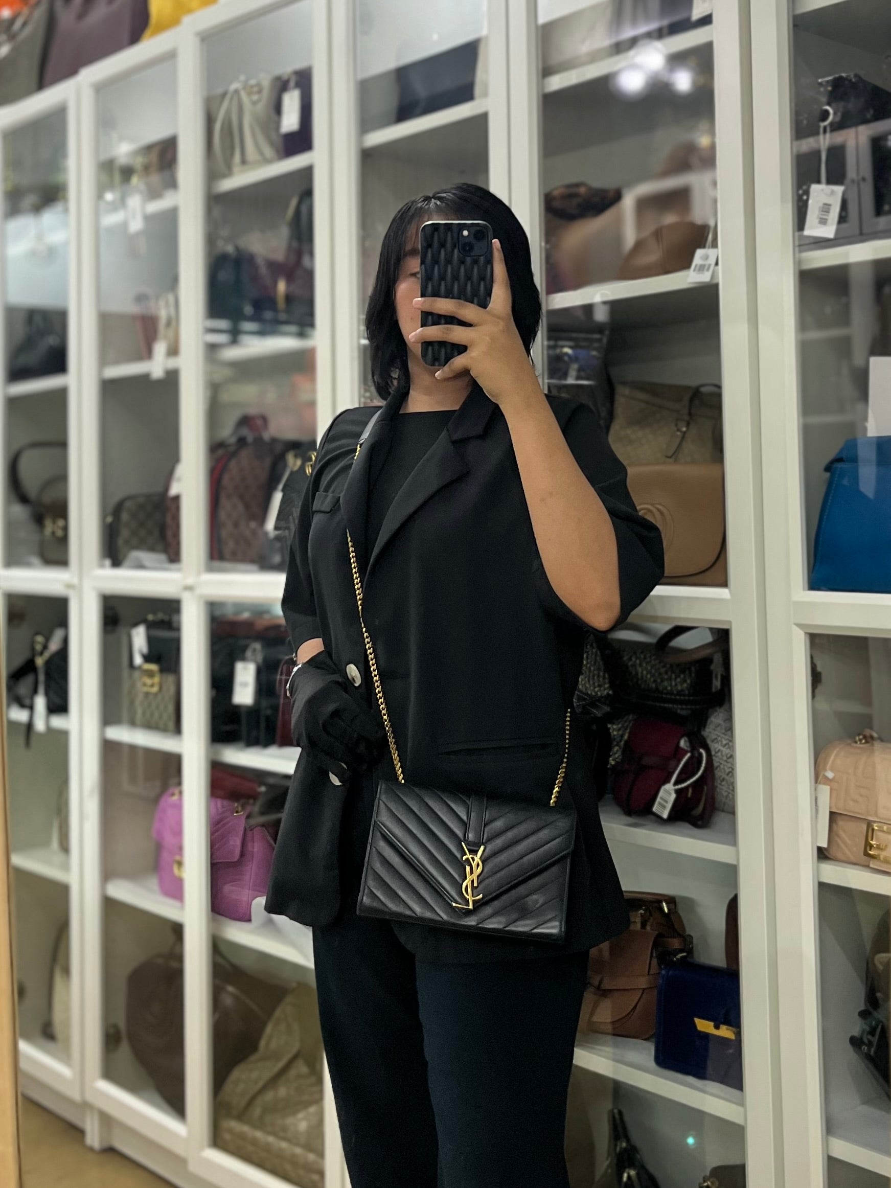 YSL College Black Chevron Lambskin Shoulder Bag | Purse Maison Luxury Bags Shop