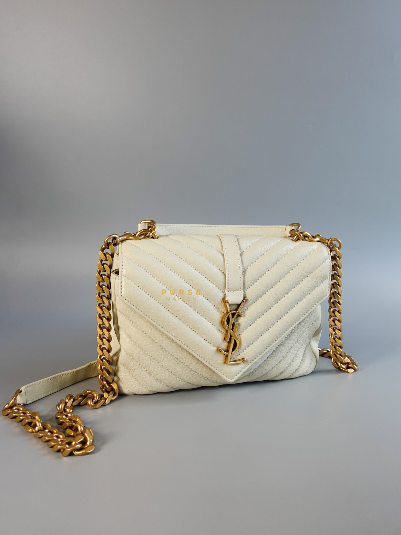 YSL College Medium in White Sheepskin and Aged Gold Hardware | Purse Maison Luxury Bags Shop