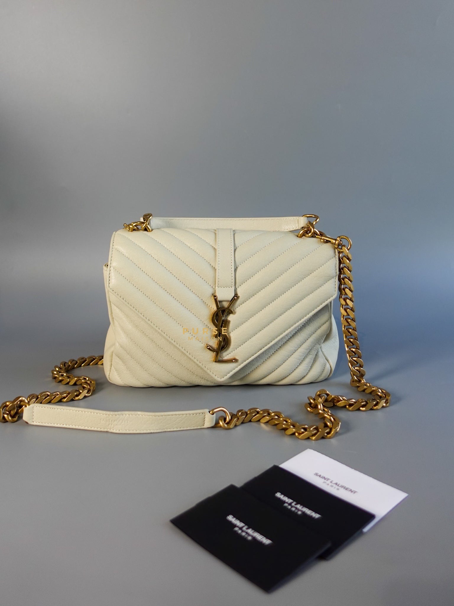 YSL College Medium in White Sheepskin and Aged Gold Hardware | Purse Maison Luxury Bags Shop