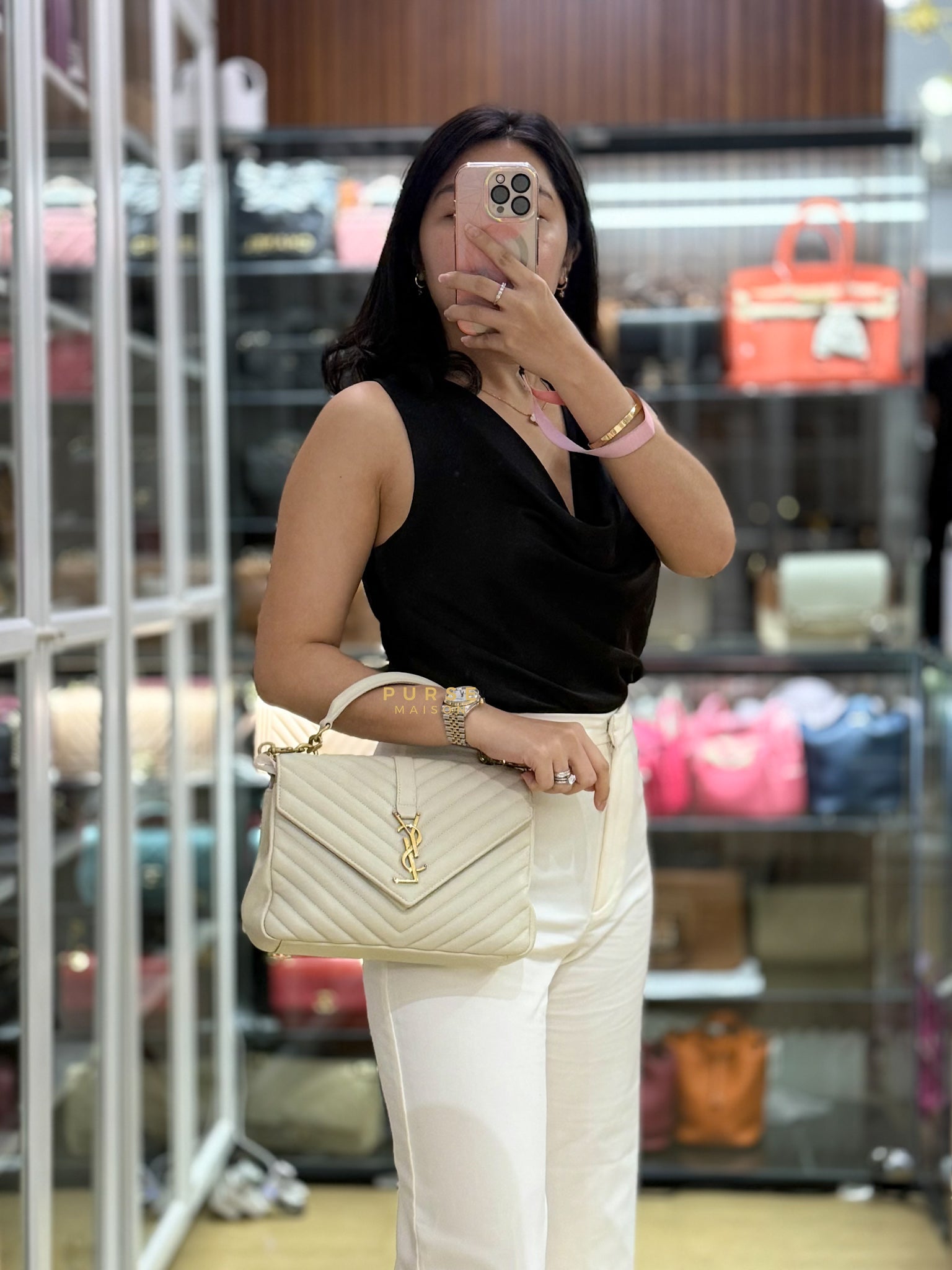 YSL College Medium in White Sheepskin and Aged Gold Hardware | Purse Maison Luxury Bags Shop