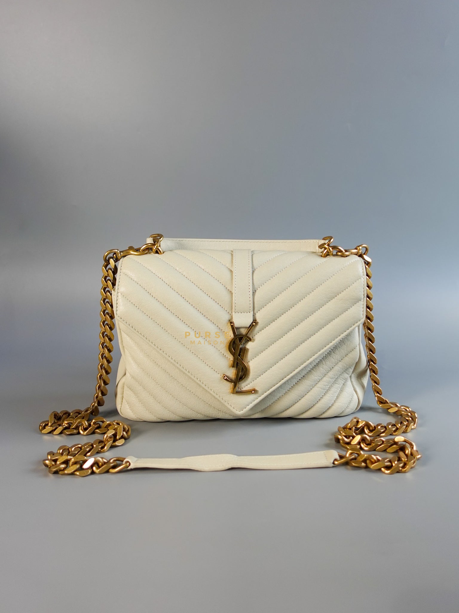 YSL College Medium in White Sheepskin and Aged Gold Hardware | Purse Maison Luxury Bags Shop