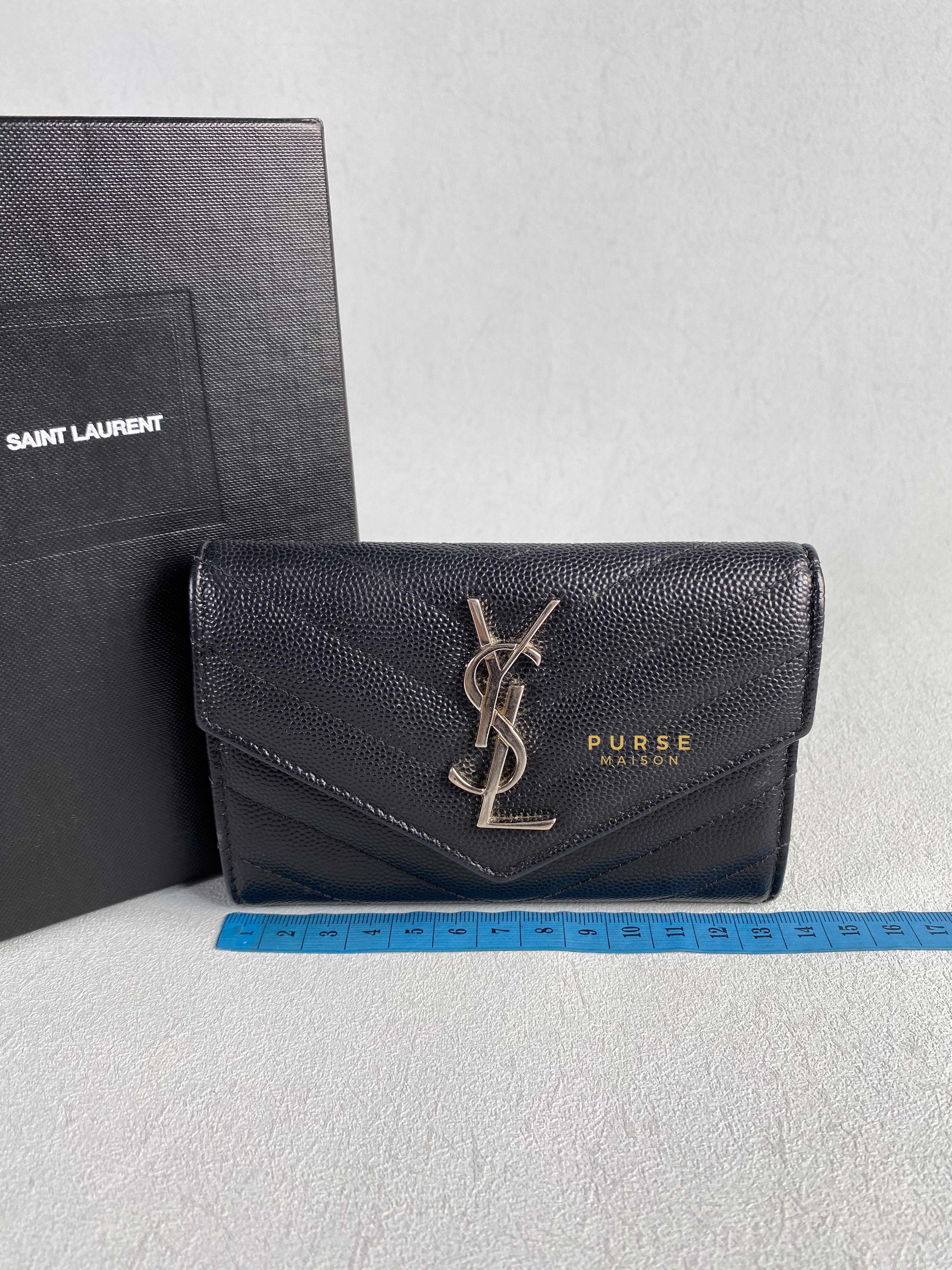 YSL Compact Flap Wallet Black Leather Silver Hardware