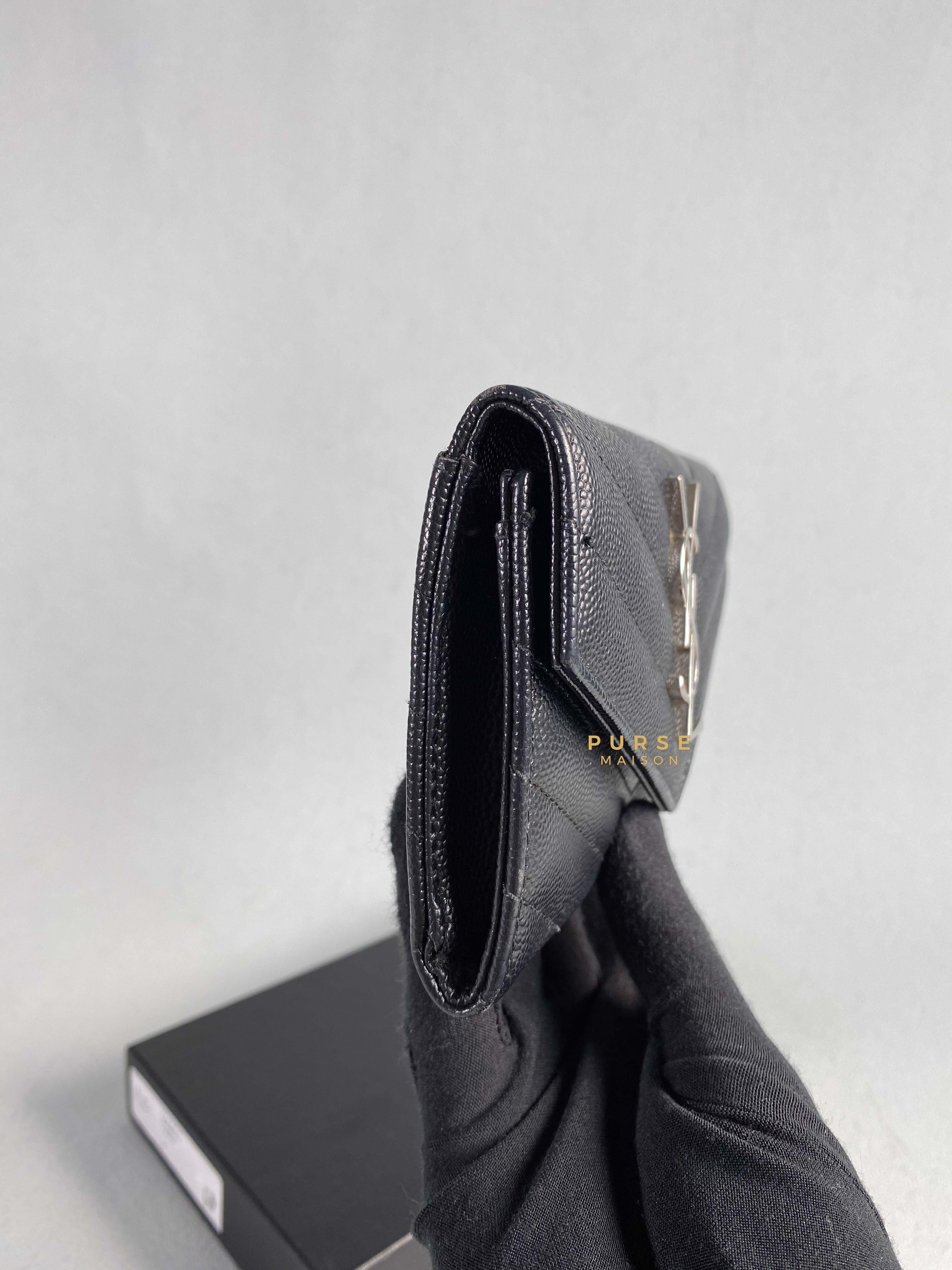 YSL Compact Flap Wallet Black Leather & Silver Hardware | Purse Maison Luxury Bags Shop