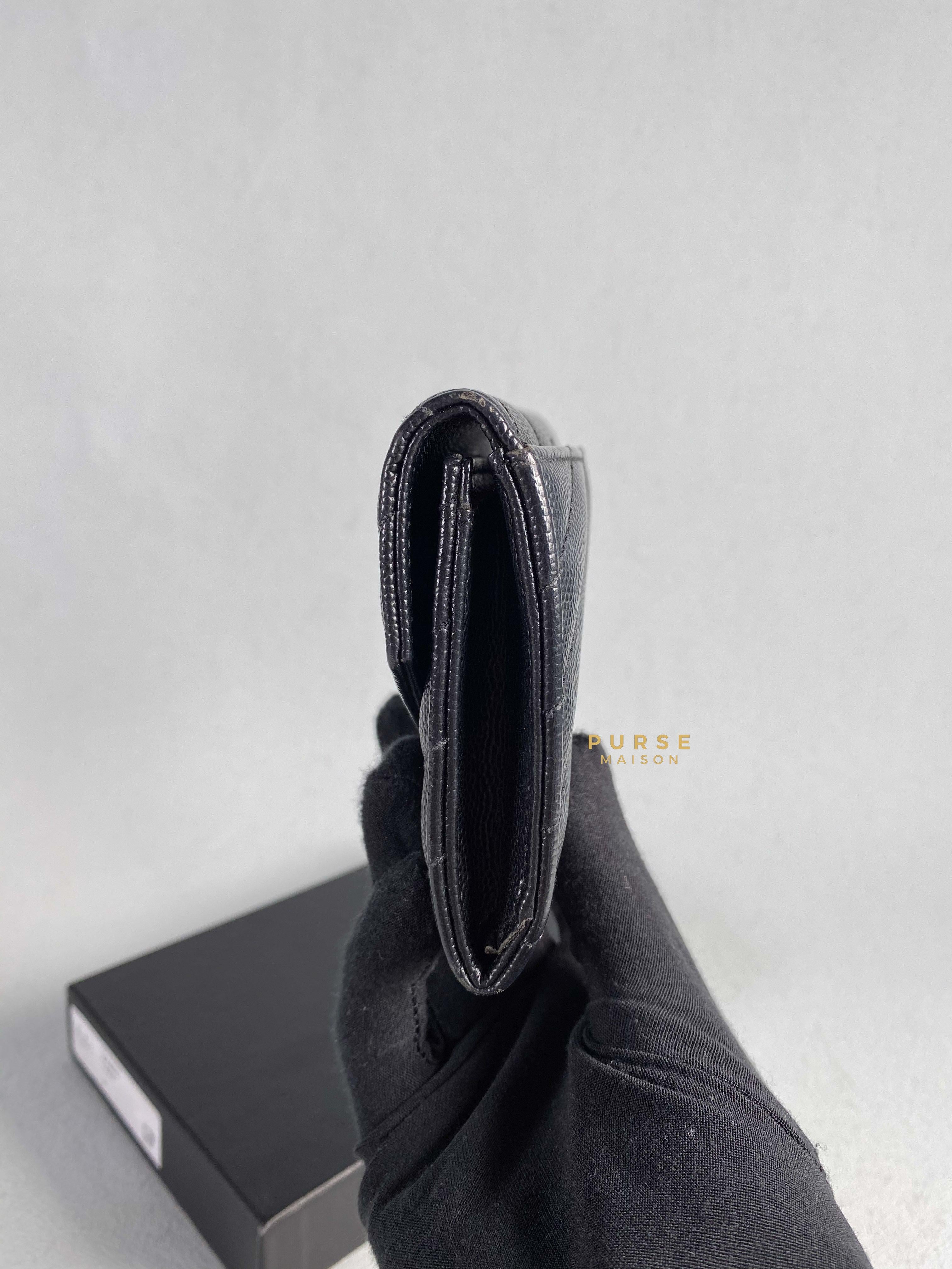 YSL Compact Flap Wallet Black Leather & Silver Hardware | Purse Maison Luxury Bags Shop