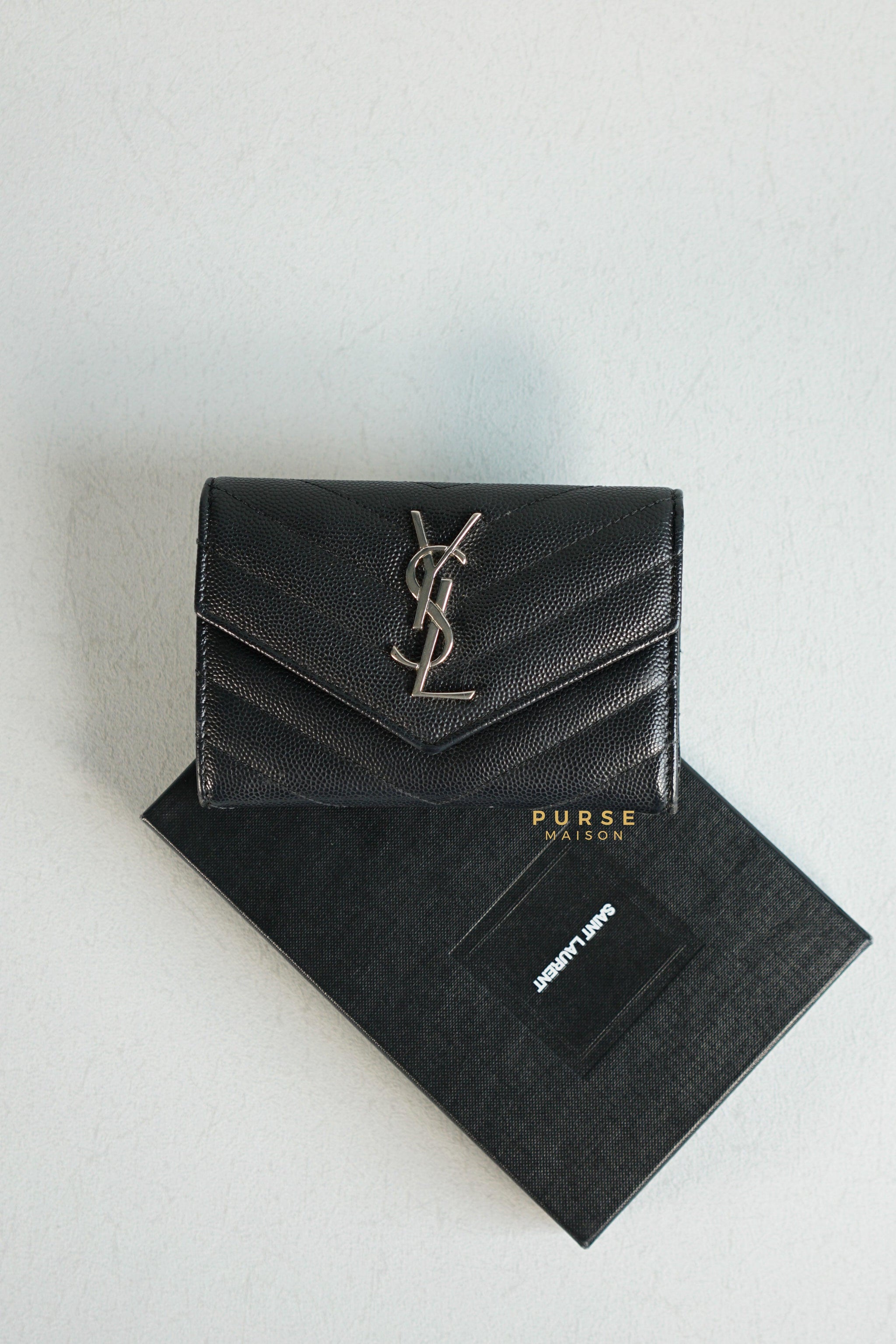 YSL Compact Flap Wallet Black Leather & Silver Hardware