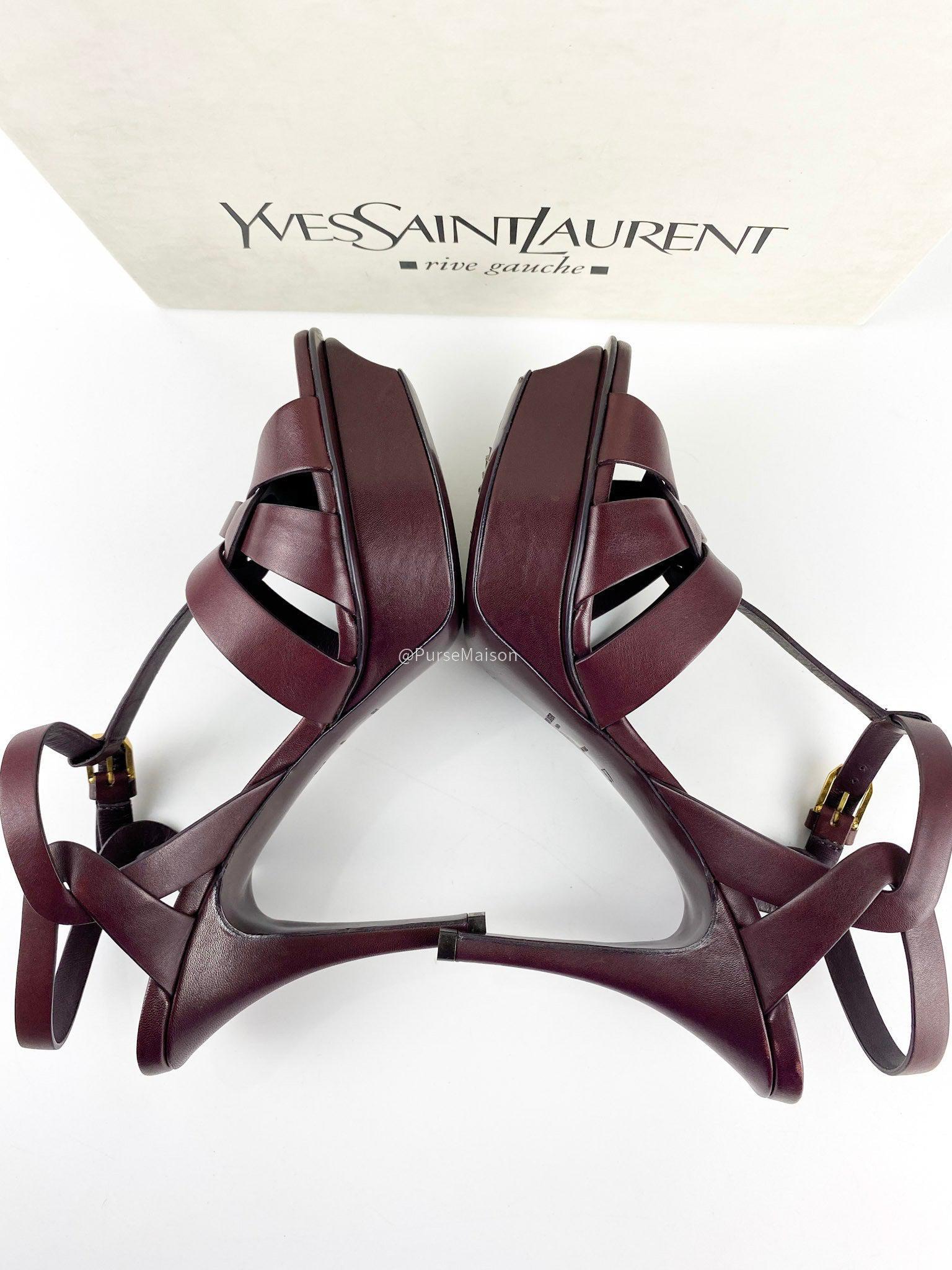 YSL Dark Burgundy Tribute Platform Leather Sandals (Size 37 EUR; 24cm)