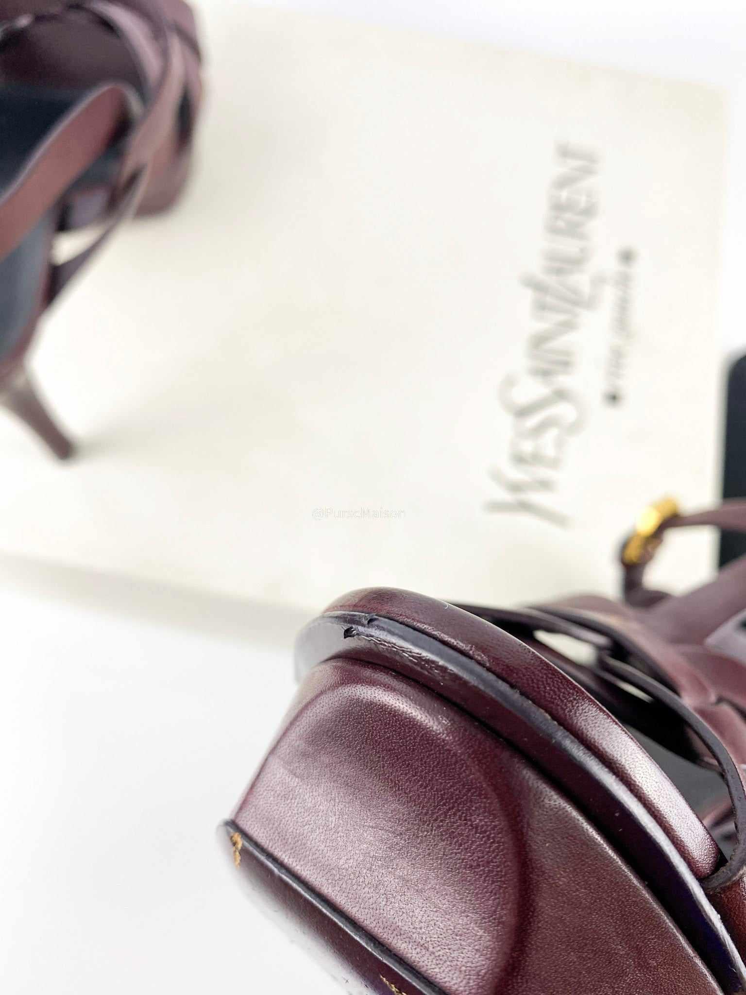 YSL Dark Burgundy Tribute Platform Leather Sandals (Size 37 EUR; 24cm)