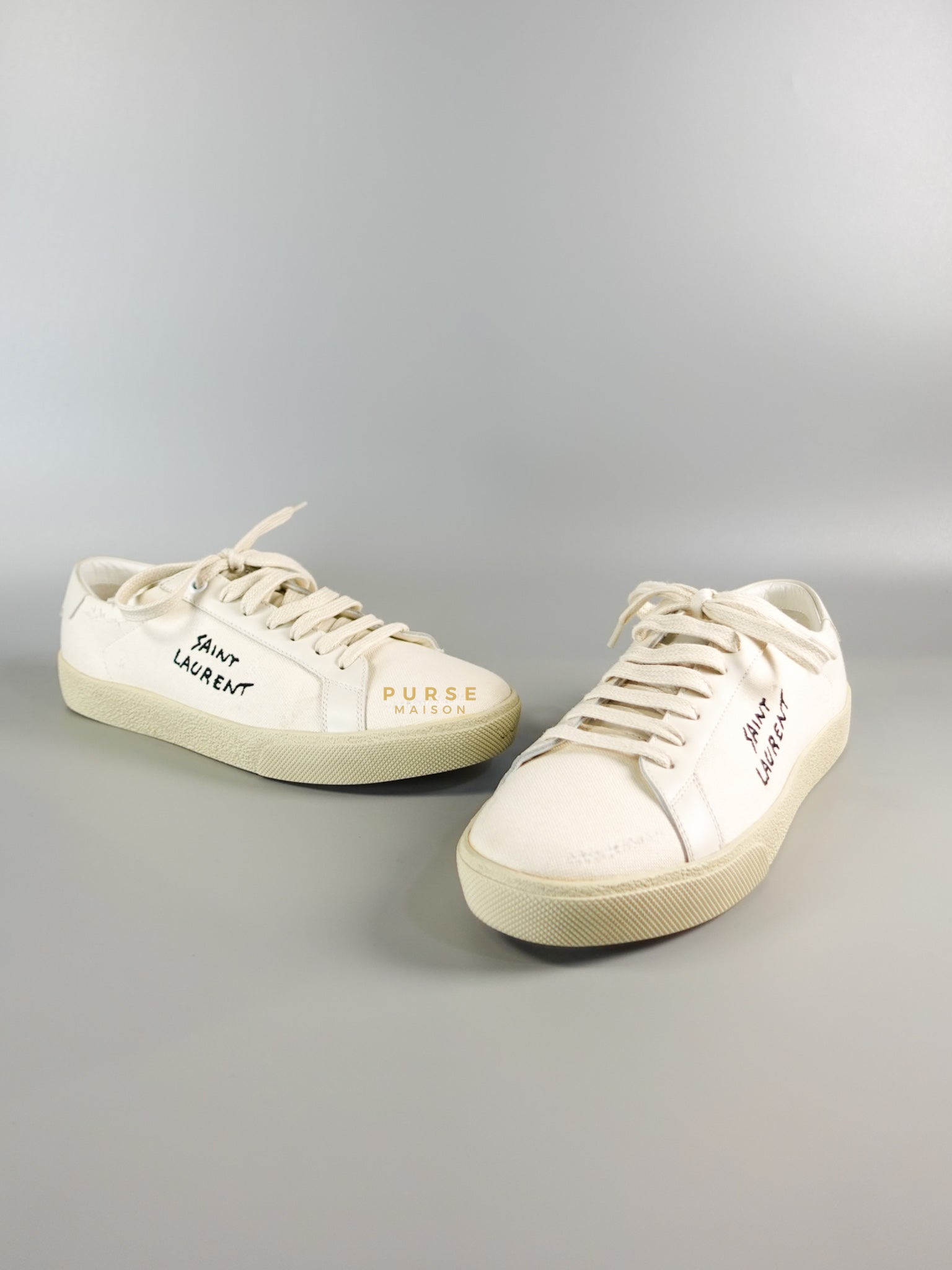 YSL Distressed Canvas Court Classic Ivory White Sneakers Size 39 (25cm) | Purse Maison Luxury Bags Shop