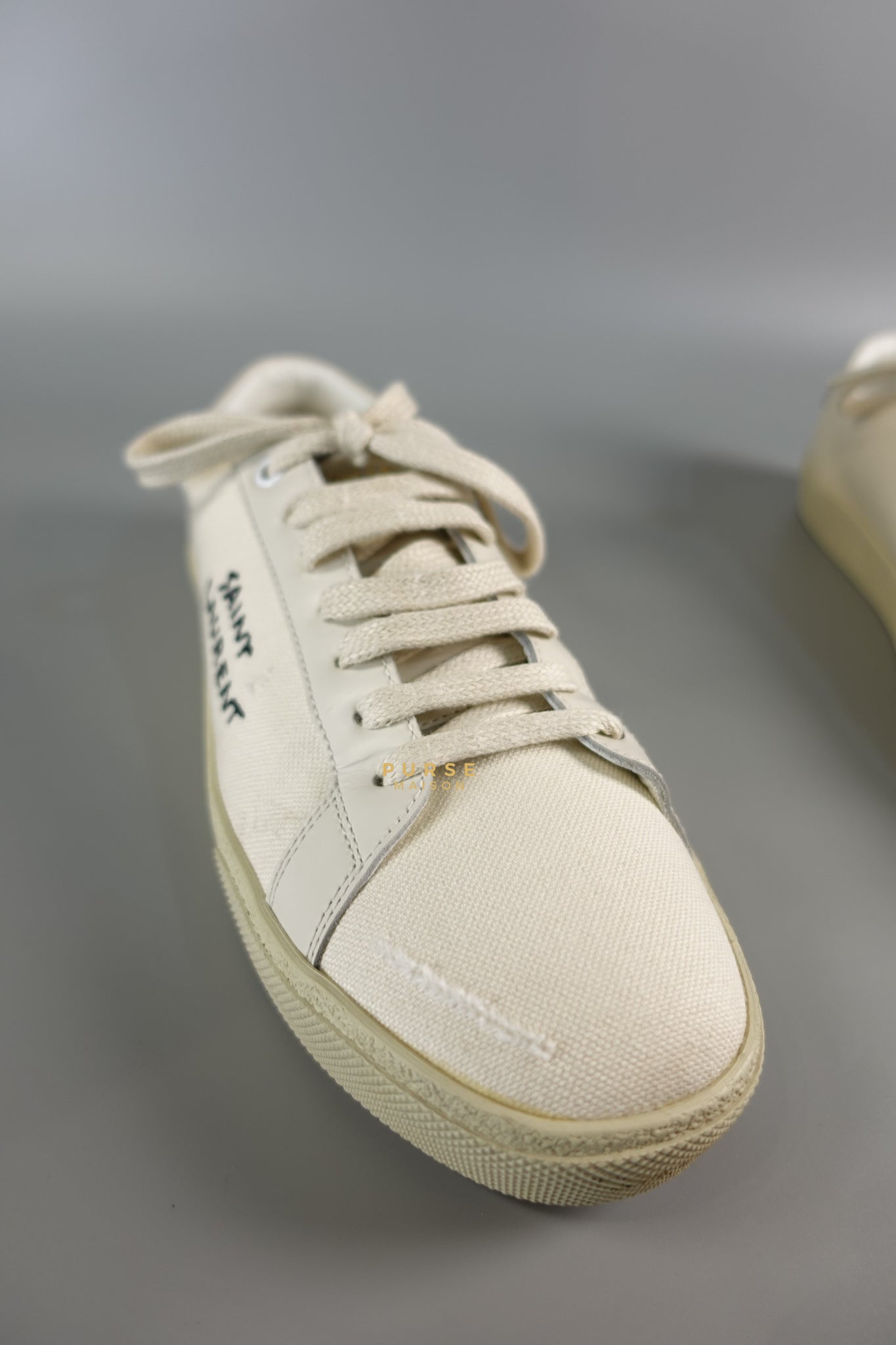 YSL Distressed Canvas Court Classic Ivory White Sneakers Size 39 (25cm) | Purse Maison Luxury Bags Shop