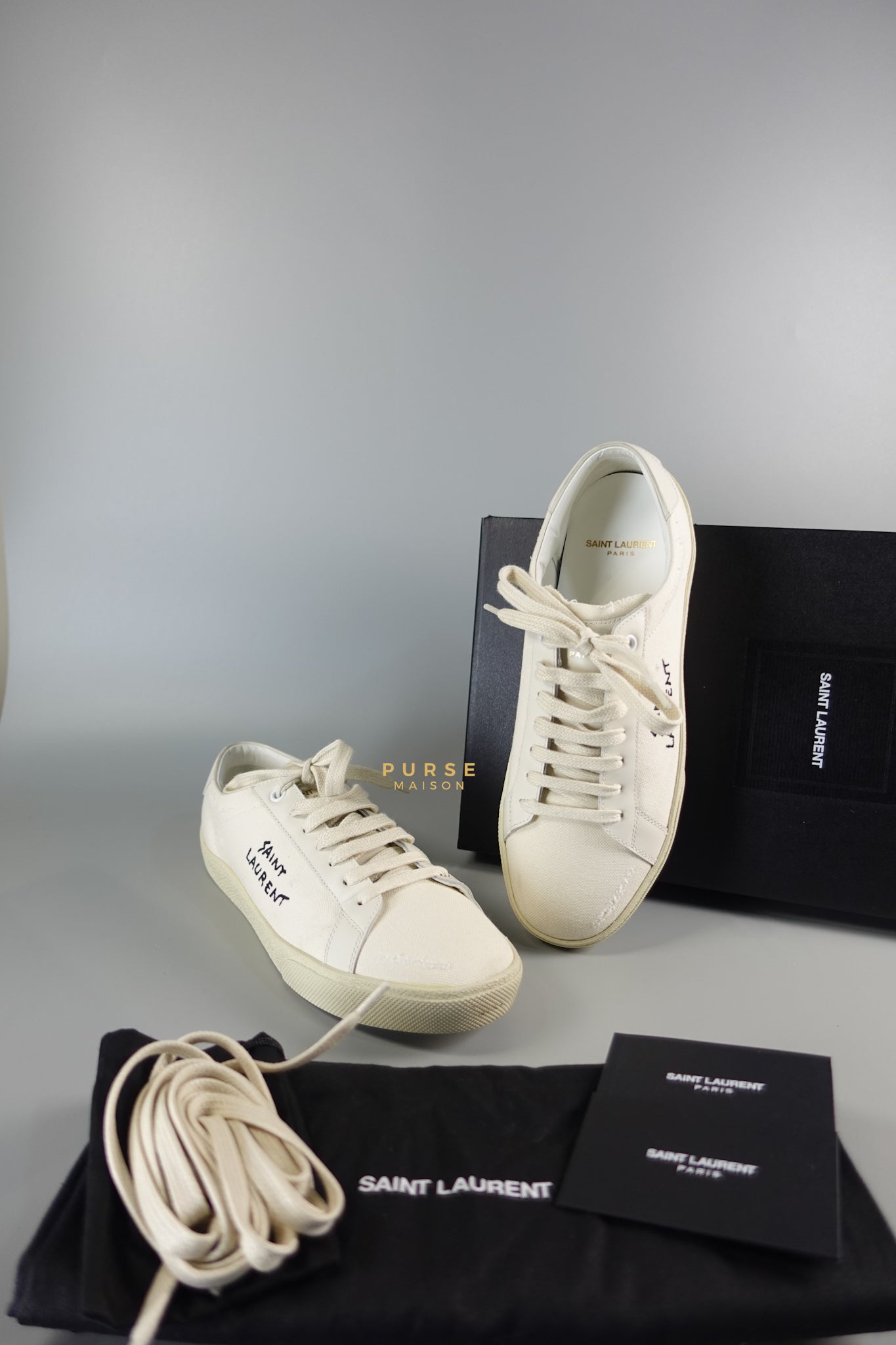 YSL Distressed Canvas Court Classic Ivory White Sneakers Size 39 (25cm) | Purse Maison Luxury Bags Shop