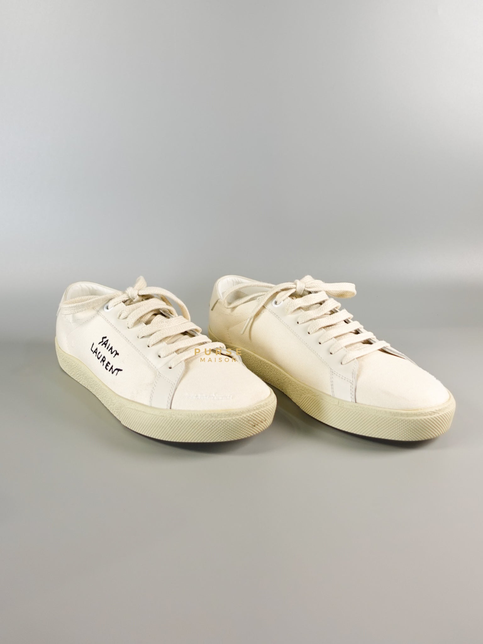 YSL Distressed Canvas Court Classic Ivory White Sneakers Size 39 (25cm) | Purse Maison Luxury Bags Shop