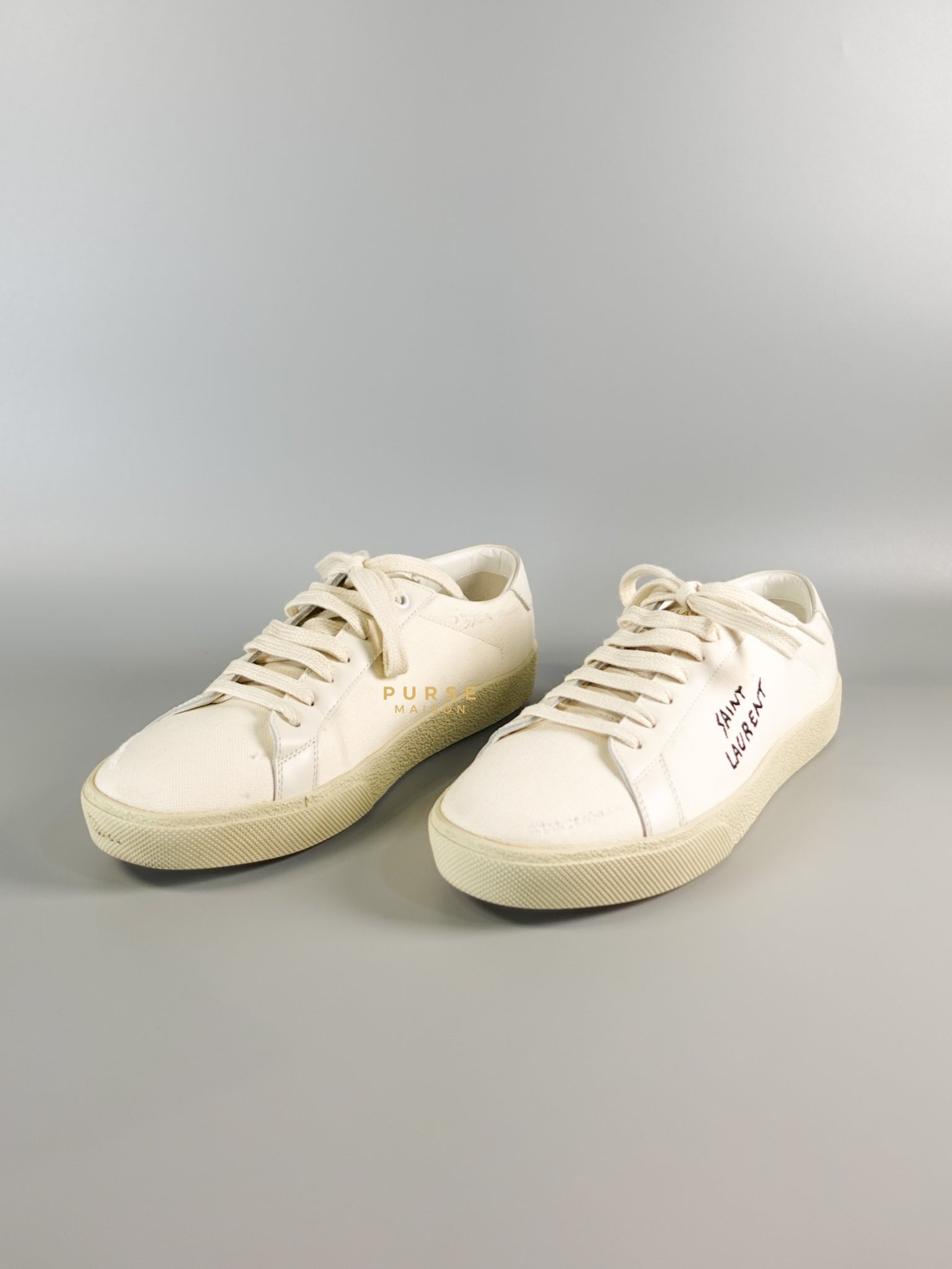 YSL Distressed Canvas Court Classic Ivory White Sneakers Size 39 (25cm) | Purse Maison Luxury Bags Shop