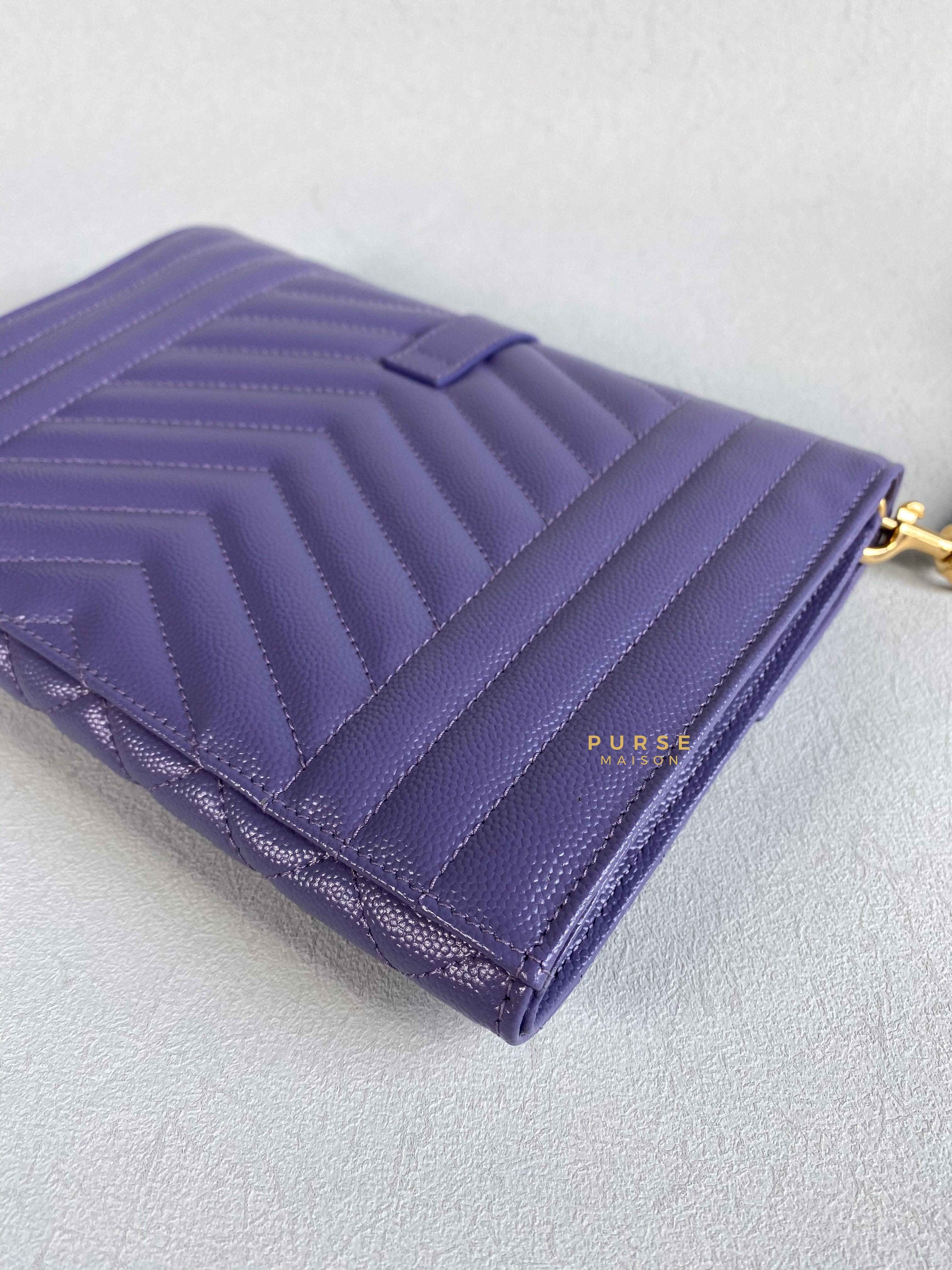 YSL Envelope Clutch in Mix Matelasse Grain De Poudre Embossed Purple Leather | Purse Maison Luxury Bags Shop