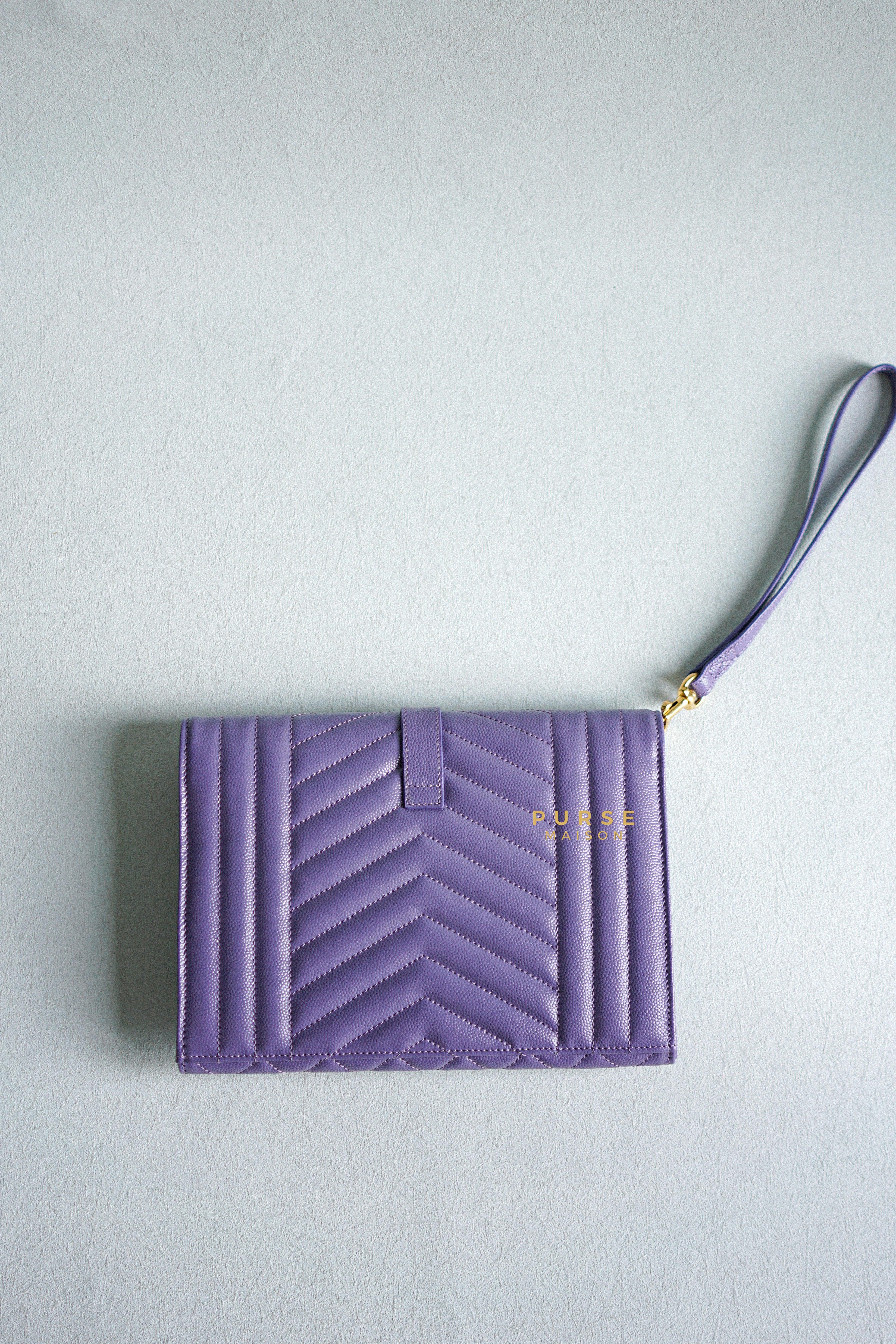 YSL Envelope Clutch in Mix Matelasse Grain De Poudre Embossed Purple Leather | Purse Maison Luxury Bags Shop