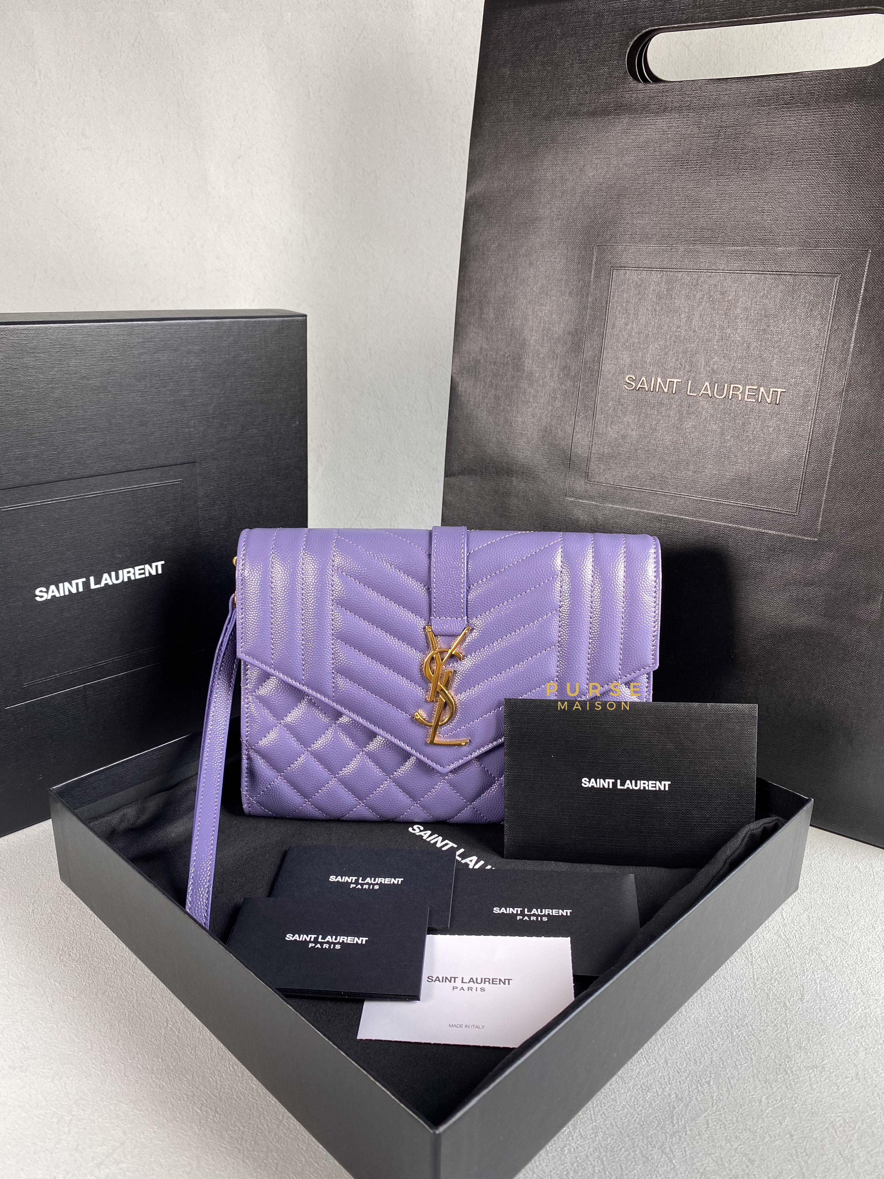 YSL Envelope Clutch in Mix Matelasse Grain De Poudre Embossed Purple Leather | Purse Maison Luxury Bags Shop