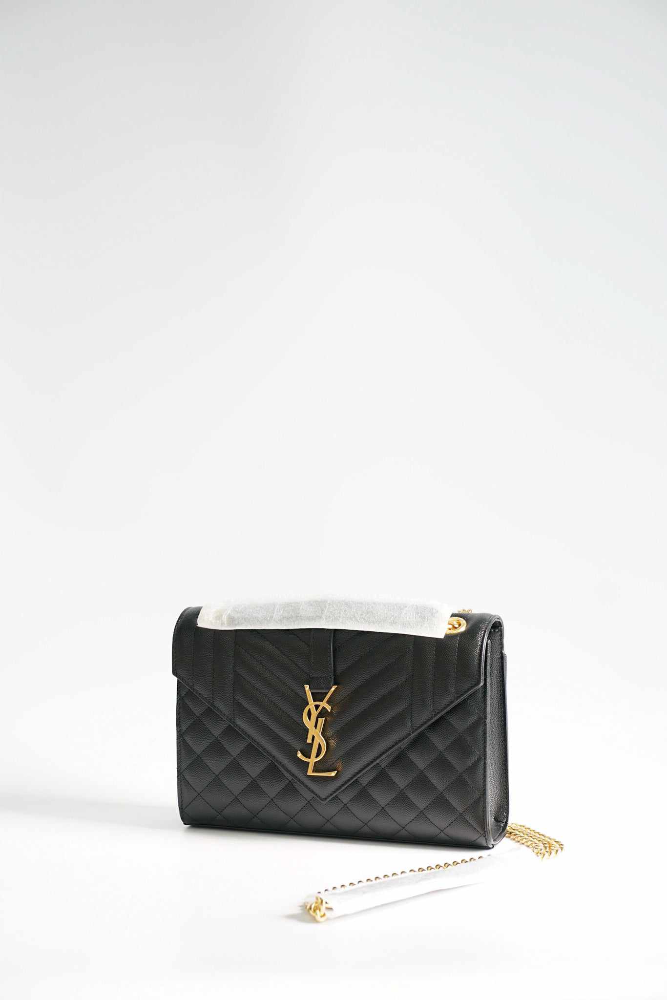 YSL Envelope Medium Bag in Mix Matelasse Grain De Poudre Embossed Black Leather