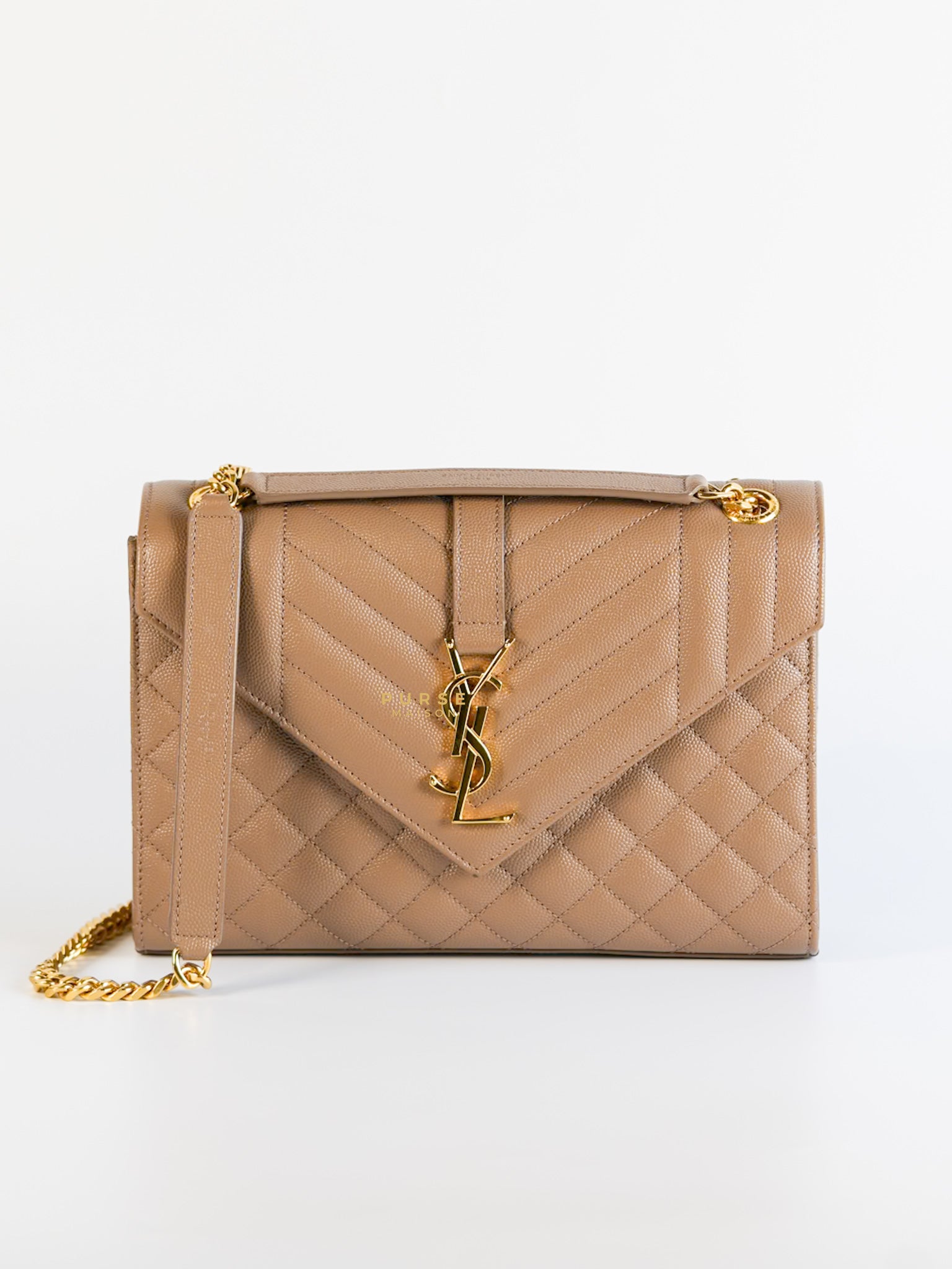 YSL Envelope Medium Bag in Mix Matelasse Grain De Poudre Embossed Dark Beige Leather | Purse Maison Luxury Bags Shop