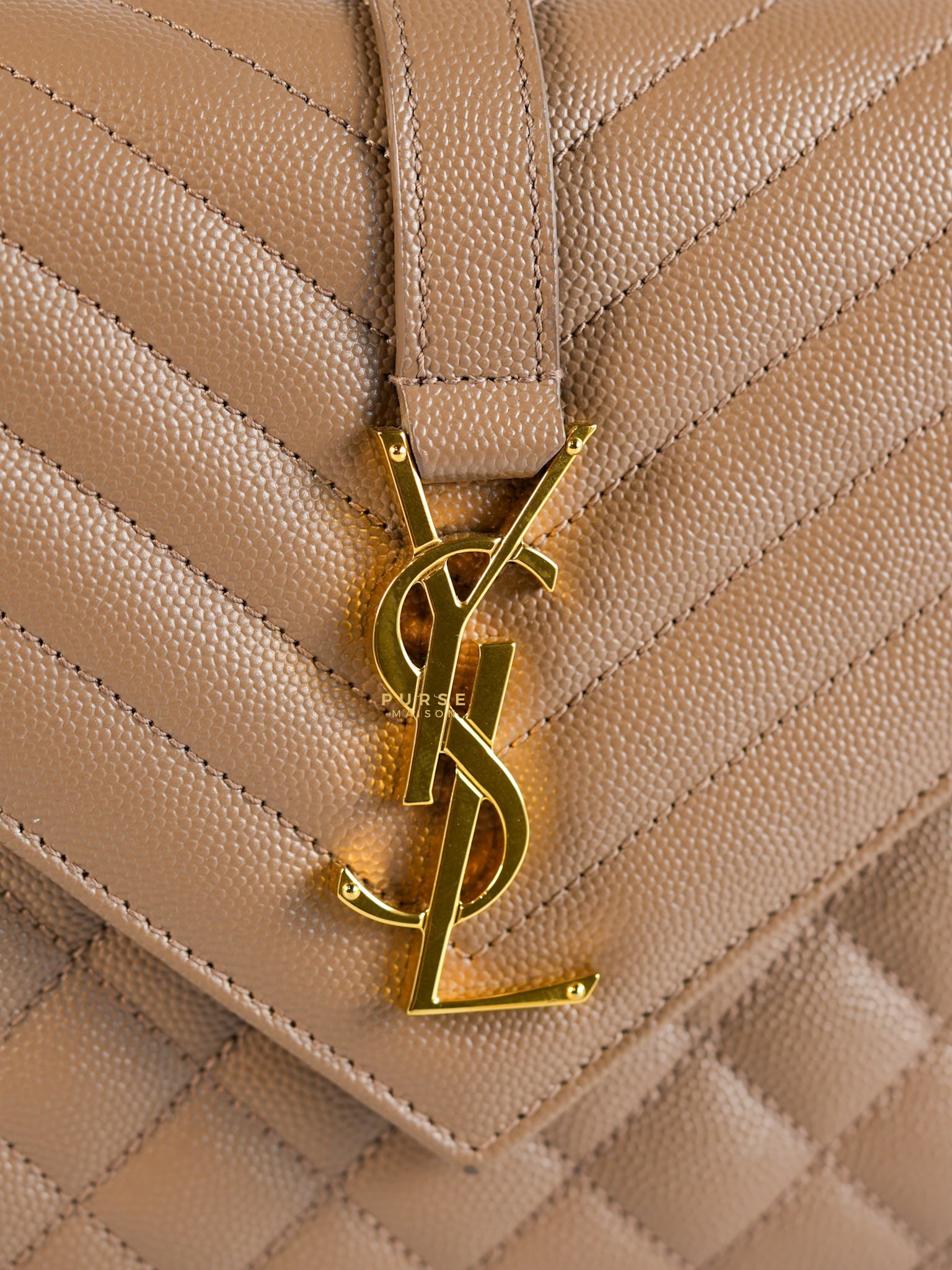 YSL Envelope Medium Bag in Mix Matelasse Grain De Poudre Embossed Dark Beige Leather | Purse Maison Luxury Bags Shop