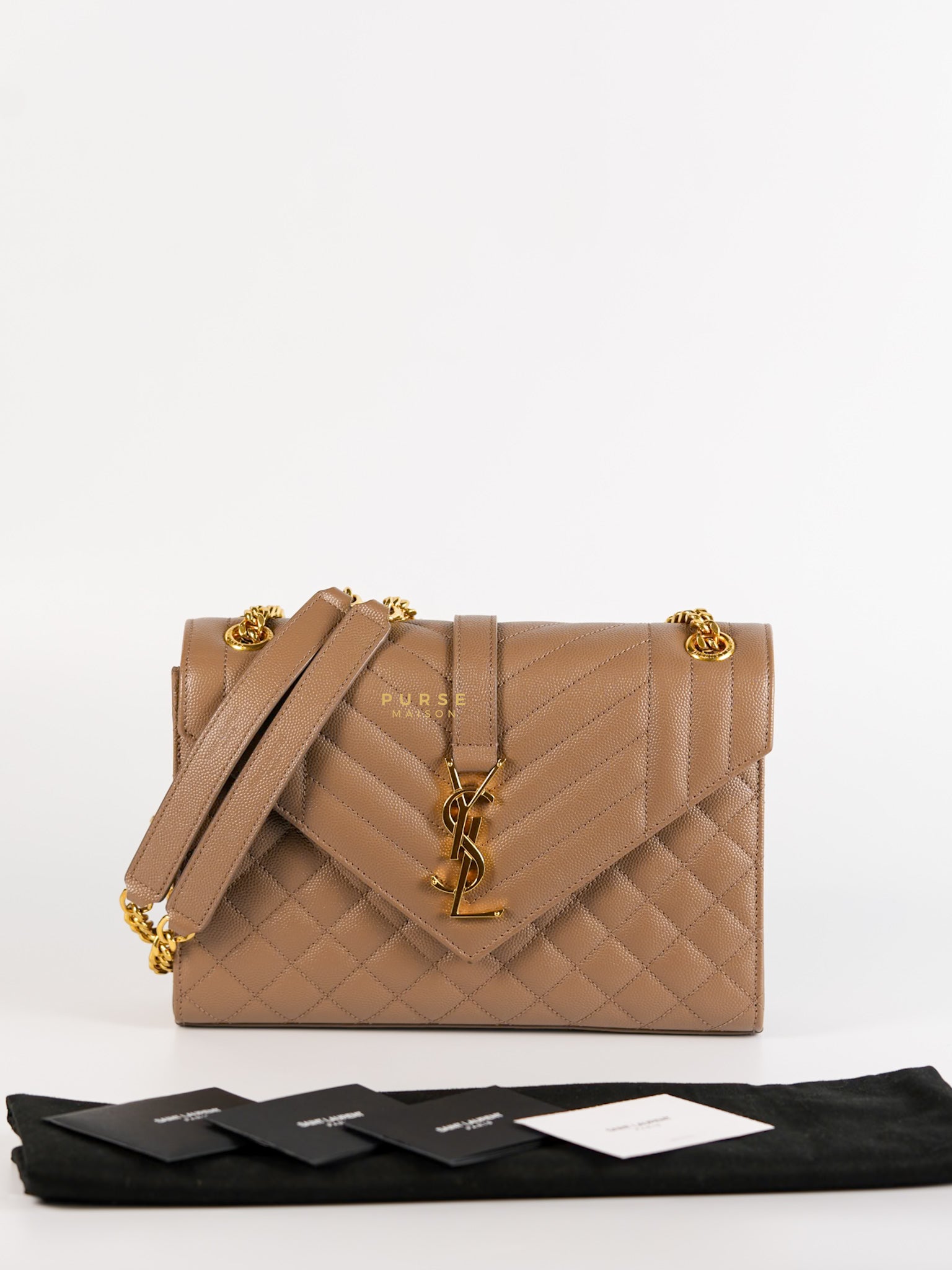 YSL Envelope Medium Bag in Mix Matelasse Grain De Poudre Embossed Dark Beige Leather | Purse Maison Luxury Bags Shop