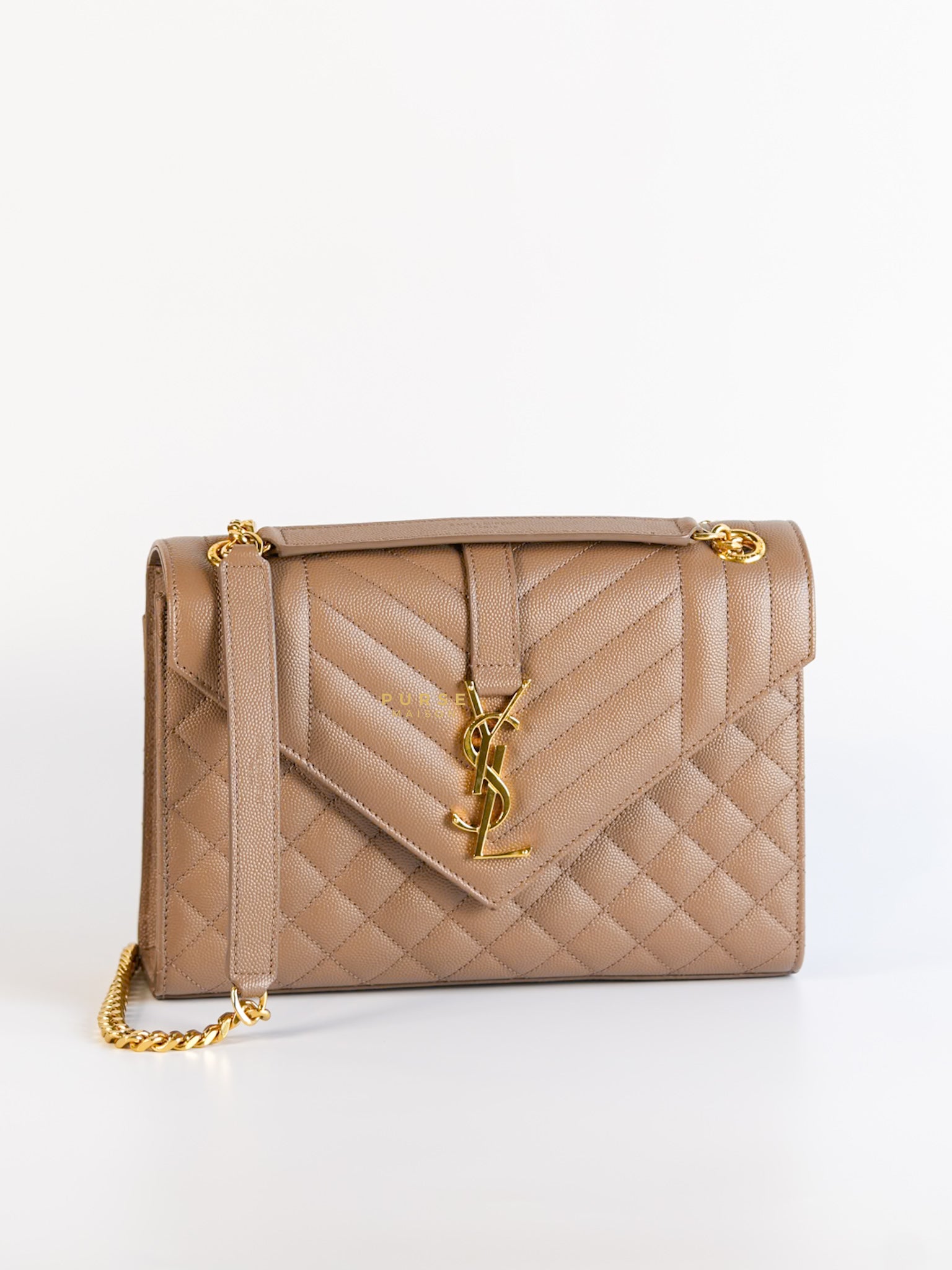 YSL Envelope Medium Bag in Mix Matelasse Grain De Poudre Embossed Dark Beige Leather | Purse Maison Luxury Bags Shop