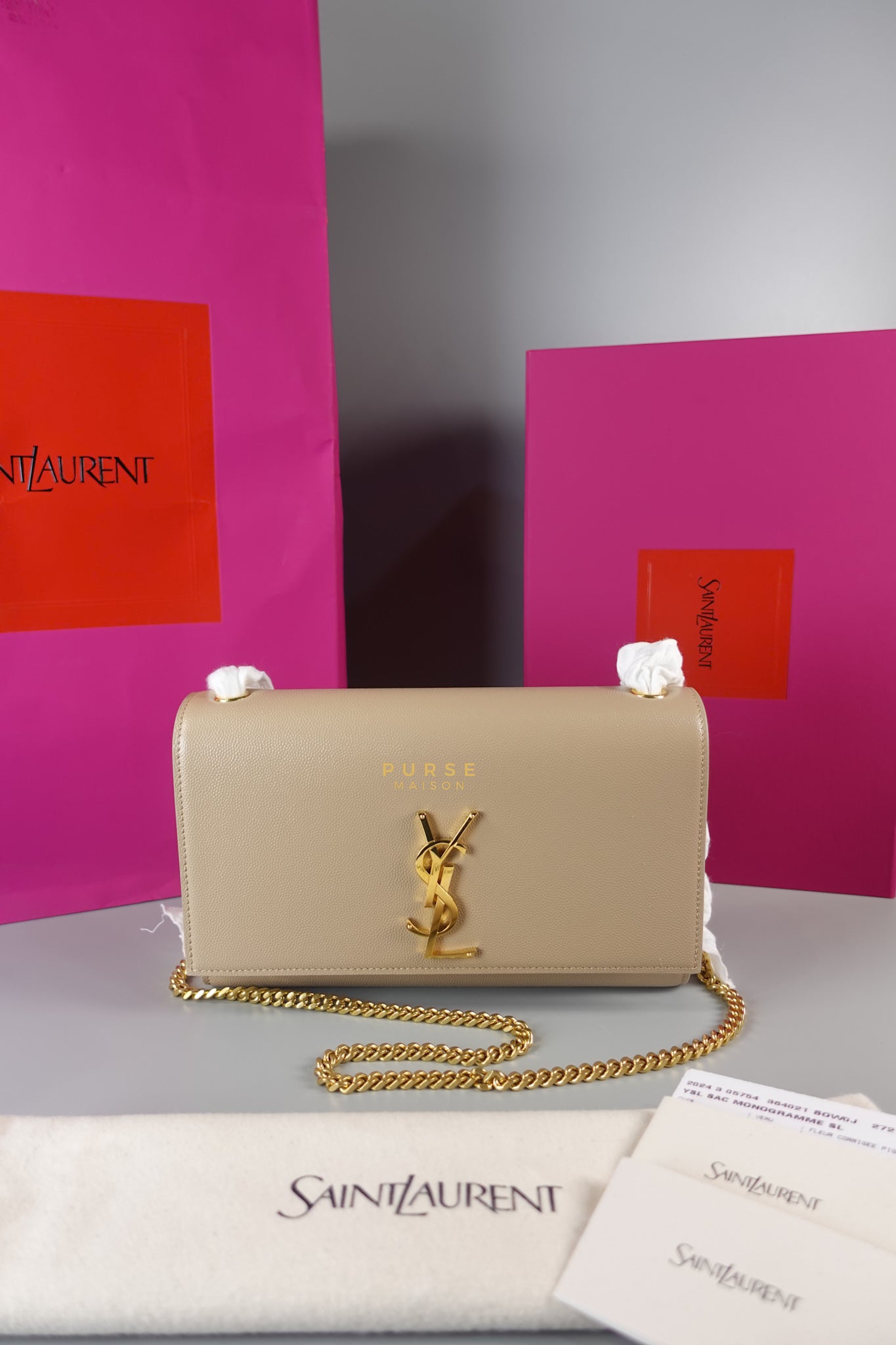 YSL Kate Medium Chain Bag in Beige Grained Calfskin | Purse Maison Luxury Bags Shop