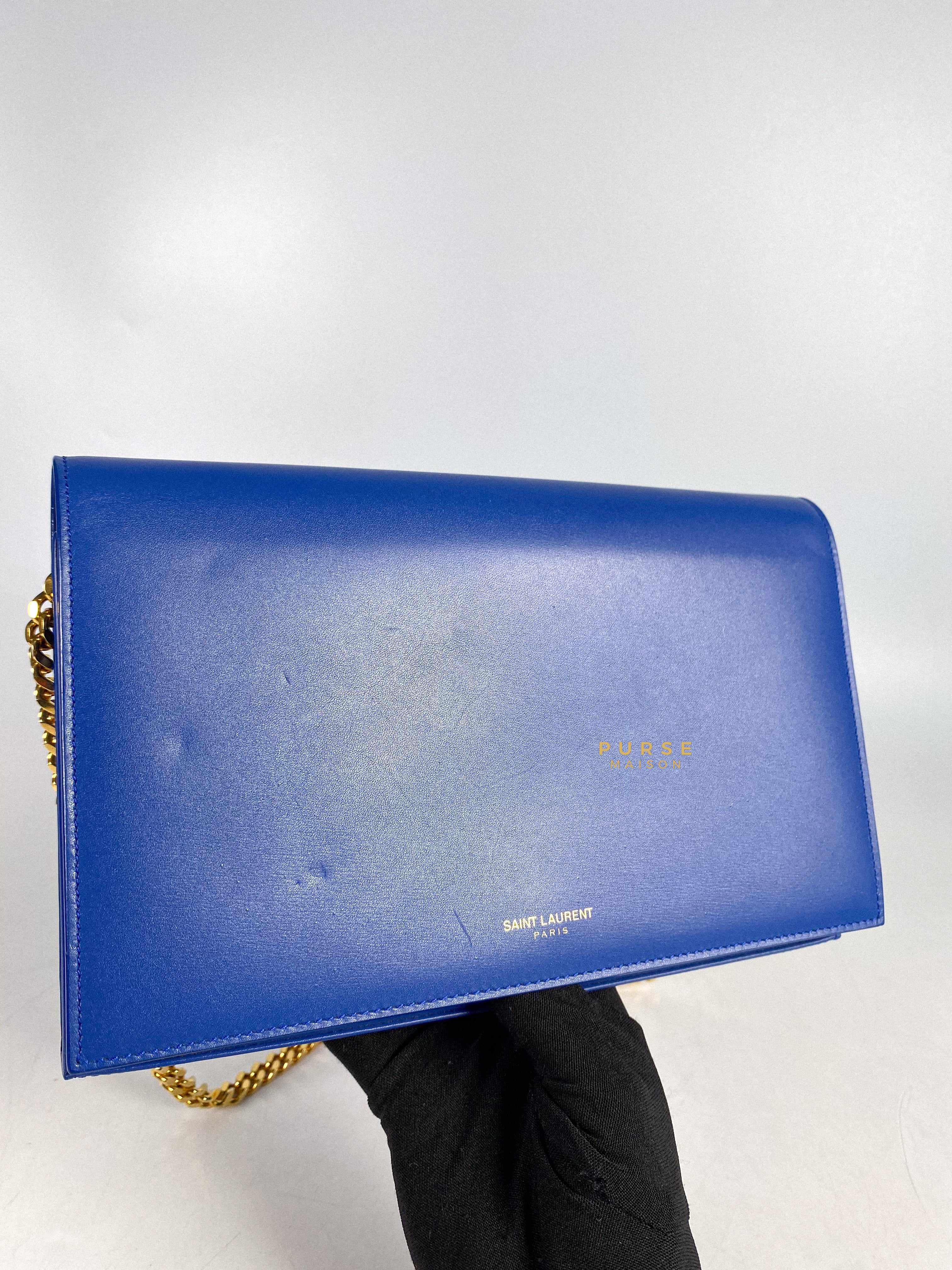 YSL Medium Wallet on Chain in Blue Smooth Calfskin Gold Hardware