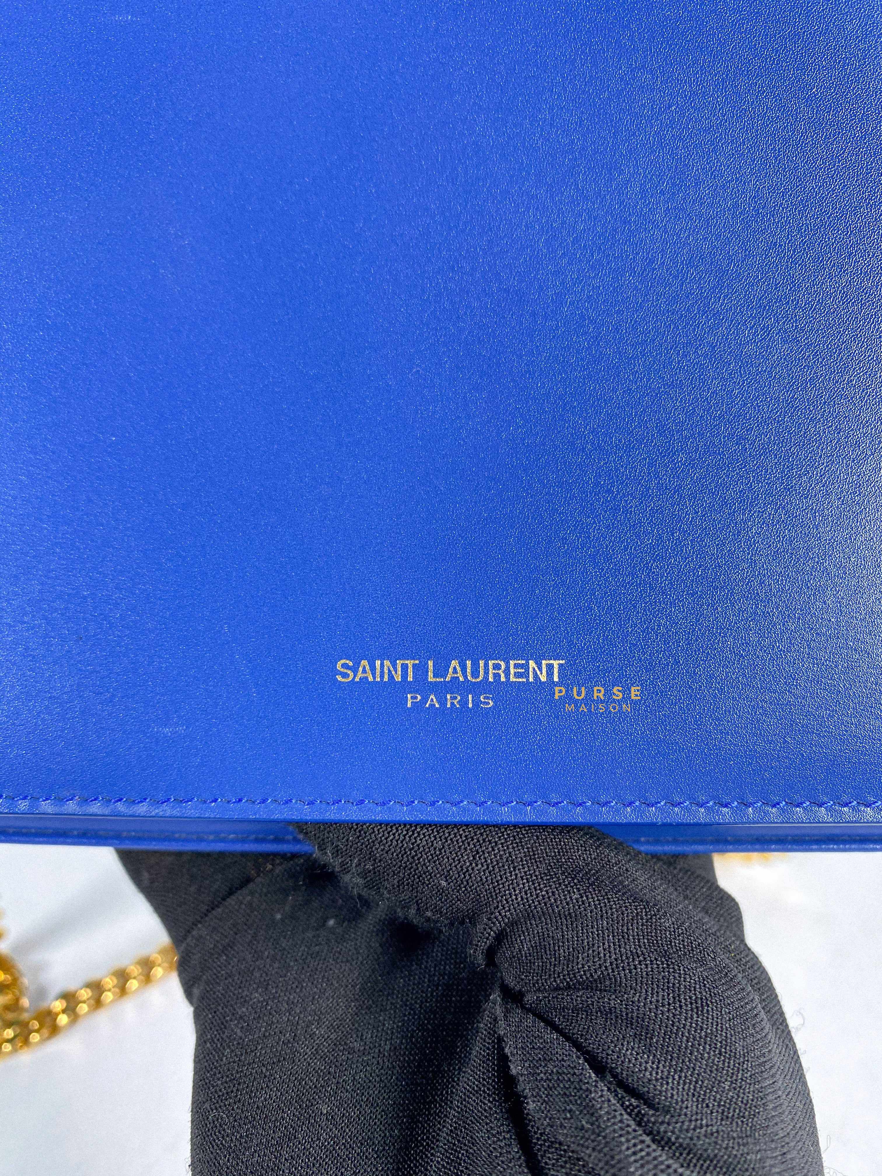 YSL Medium Wallet on Chain in Blue Smooth Calfskin Gold Hardware