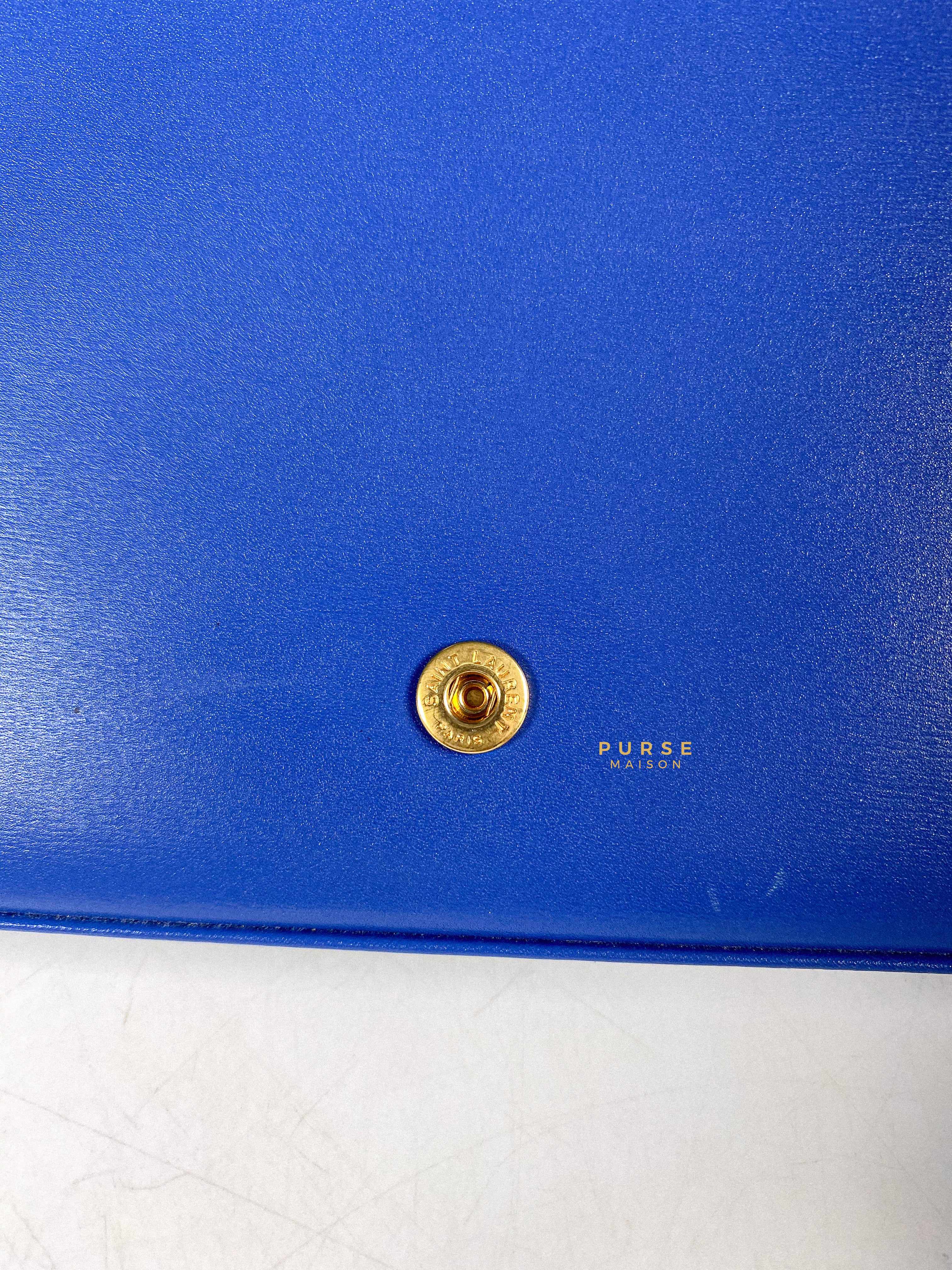 YSL Medium Wallet on Chain in Blue Smooth Calfskin Gold Hardware