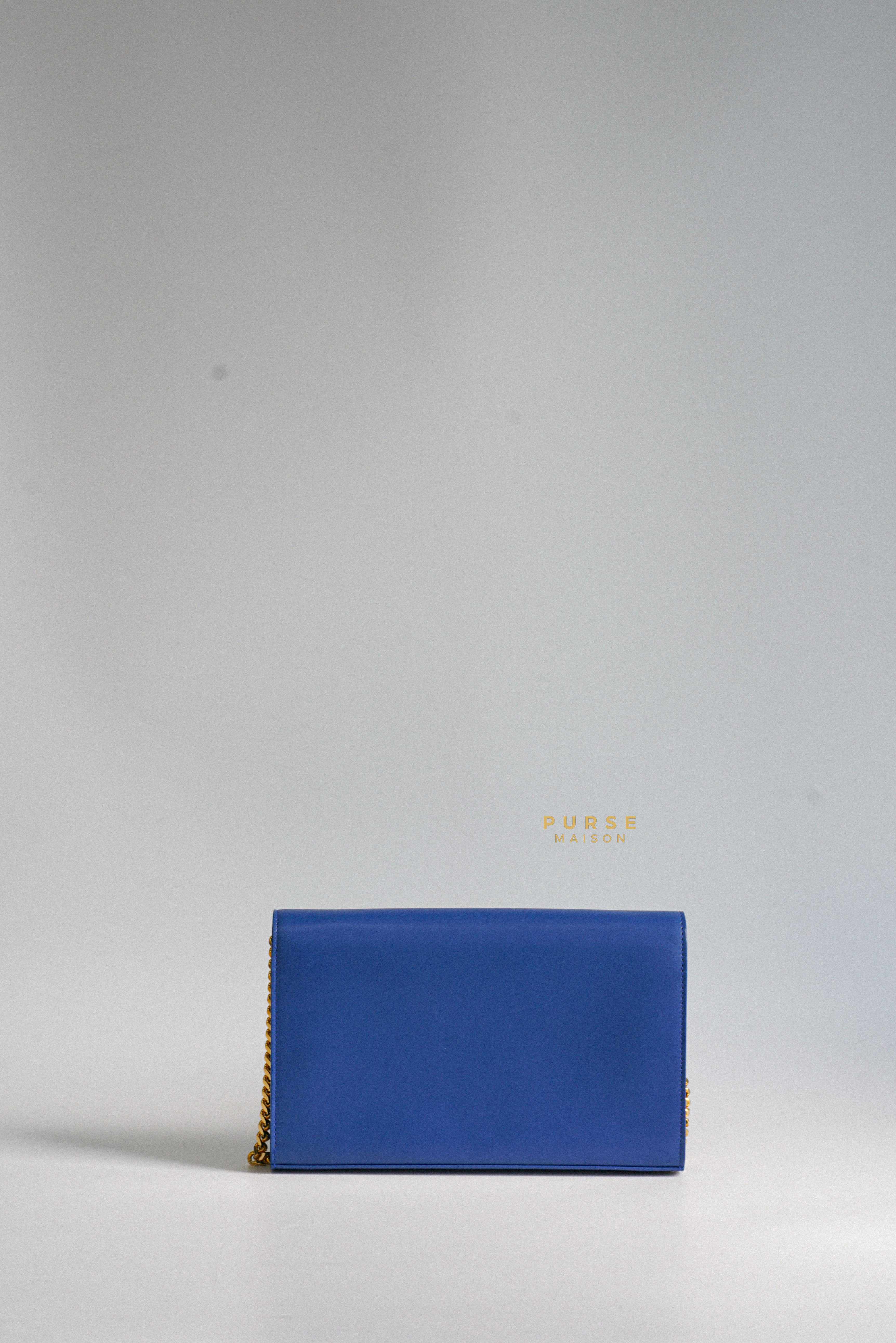YSL Medium Wallet on Chain in Blue Smooth Calfskin Gold Hardware