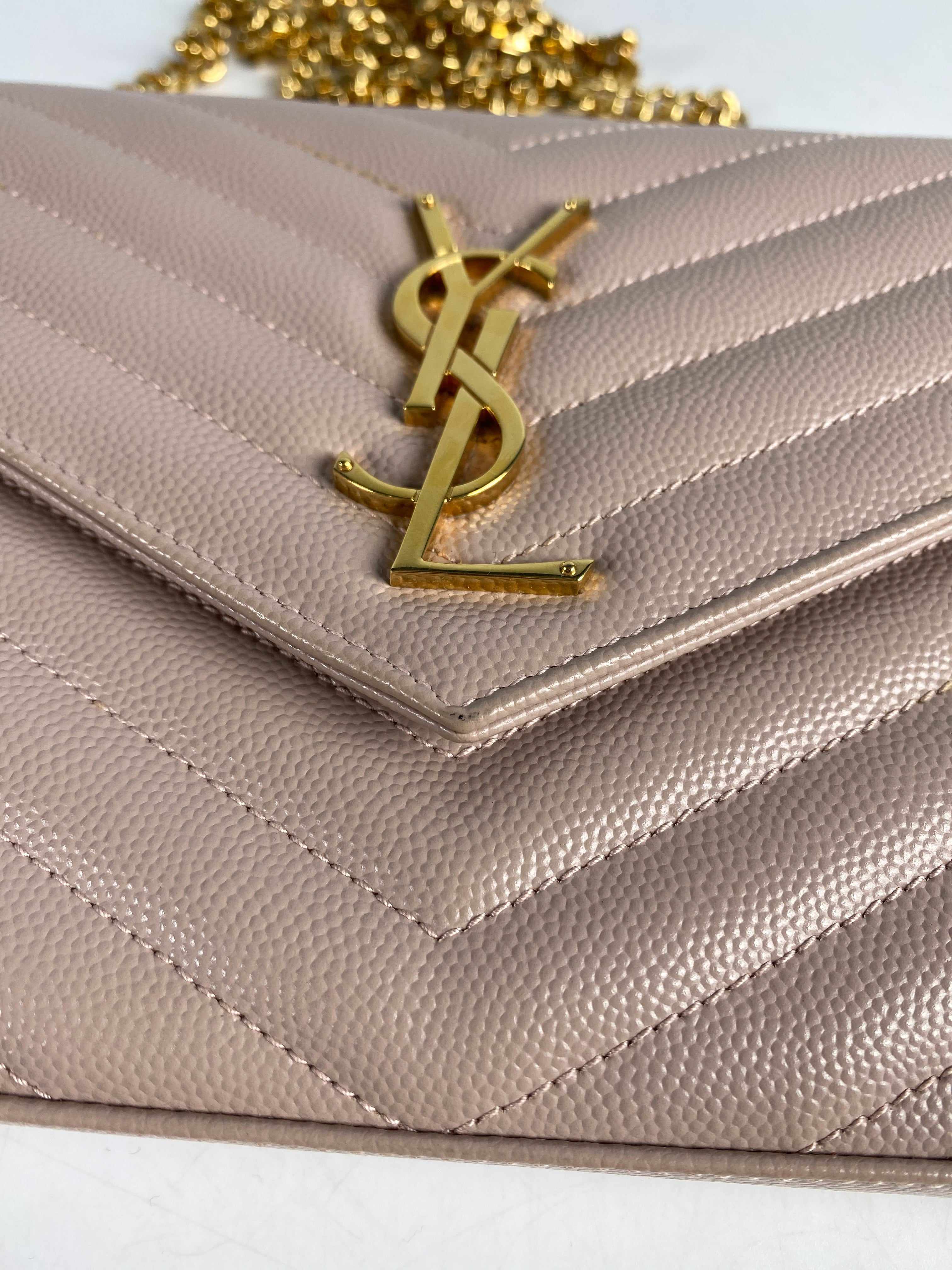 YSL Medium Wallet on Chain in Blush Pink Leather and Gold