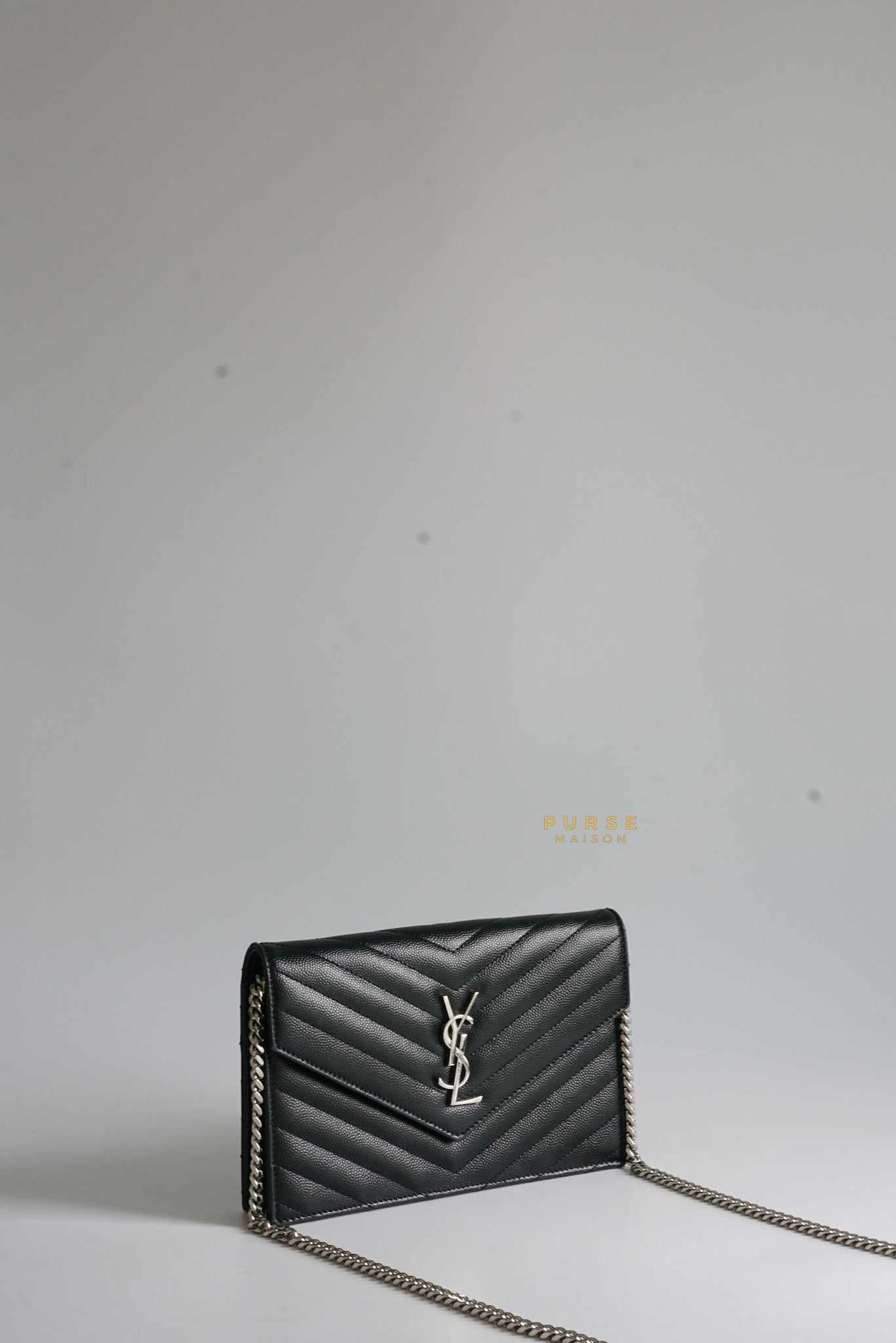 YSL Black Wallet on Chain GM Silver Hardware. Made in Italy. With