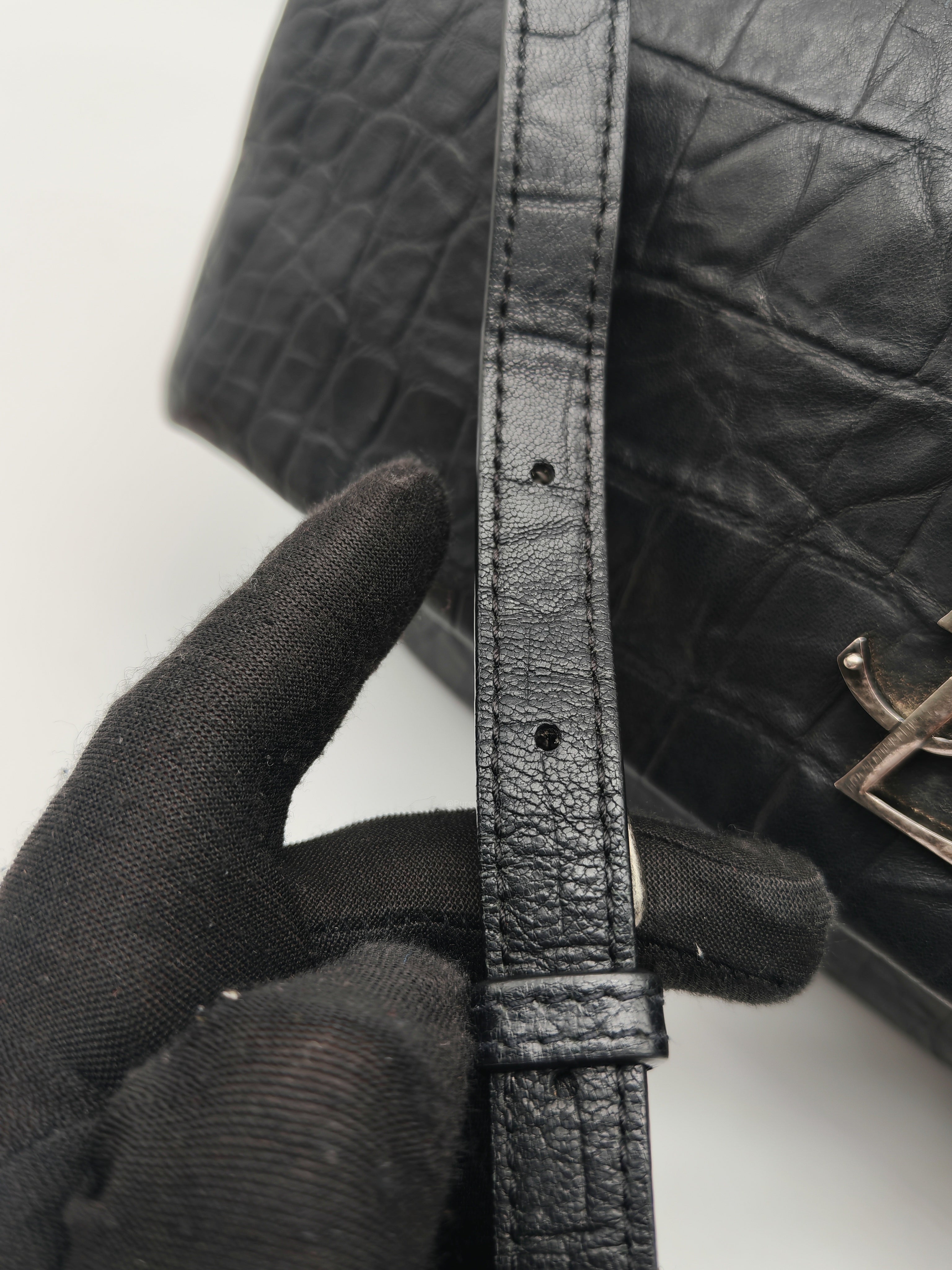 Yves Saint Laurent Medium West Hollywood Monogram Fold-over in Black Crocodile-Embossed Calfskin Leather Crossbody Bag
