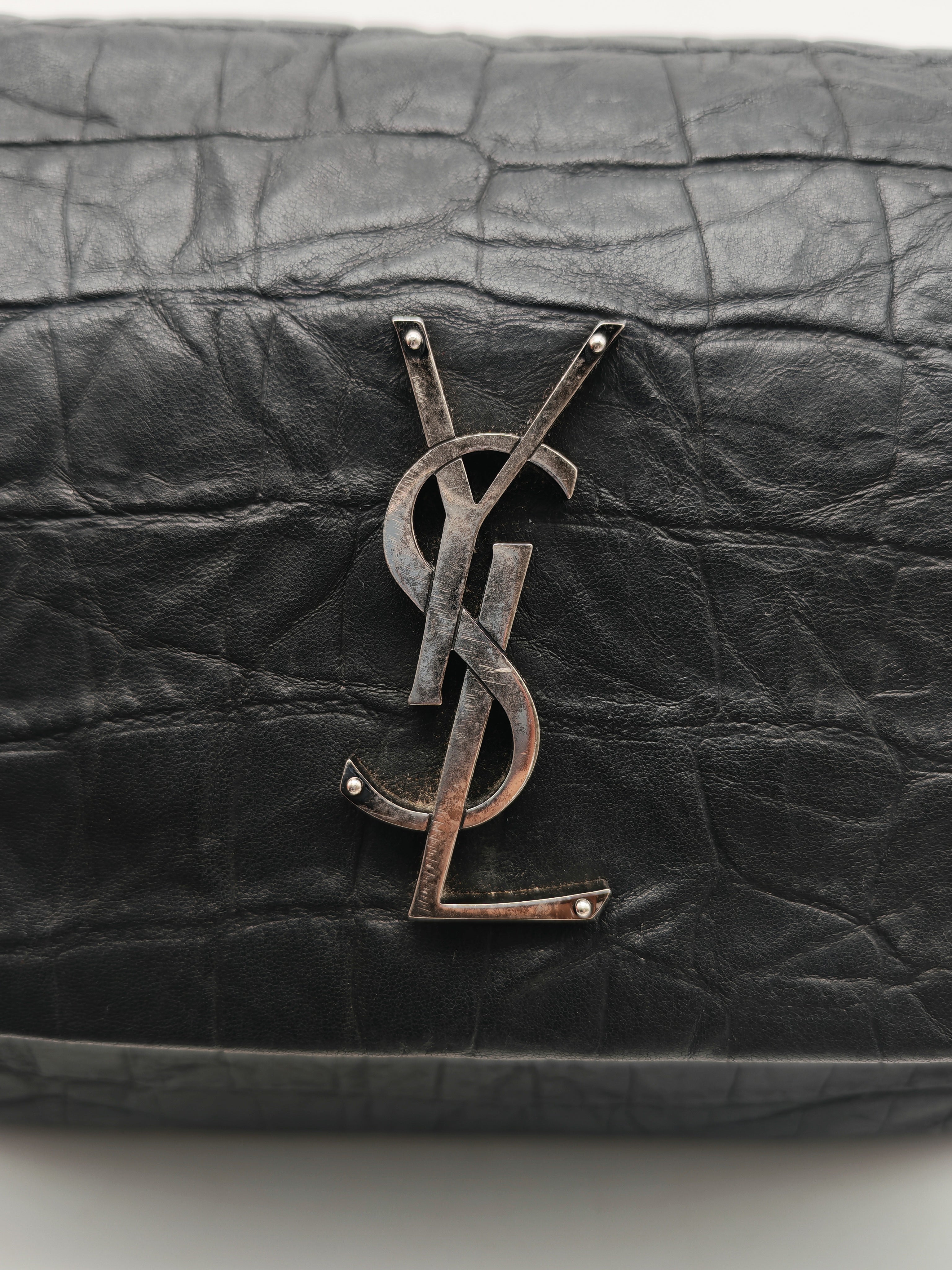 Yves Saint Laurent Medium West Hollywood Monogram Fold-over in Black Crocodile-Embossed Calfskin Leather Crossbody Bag