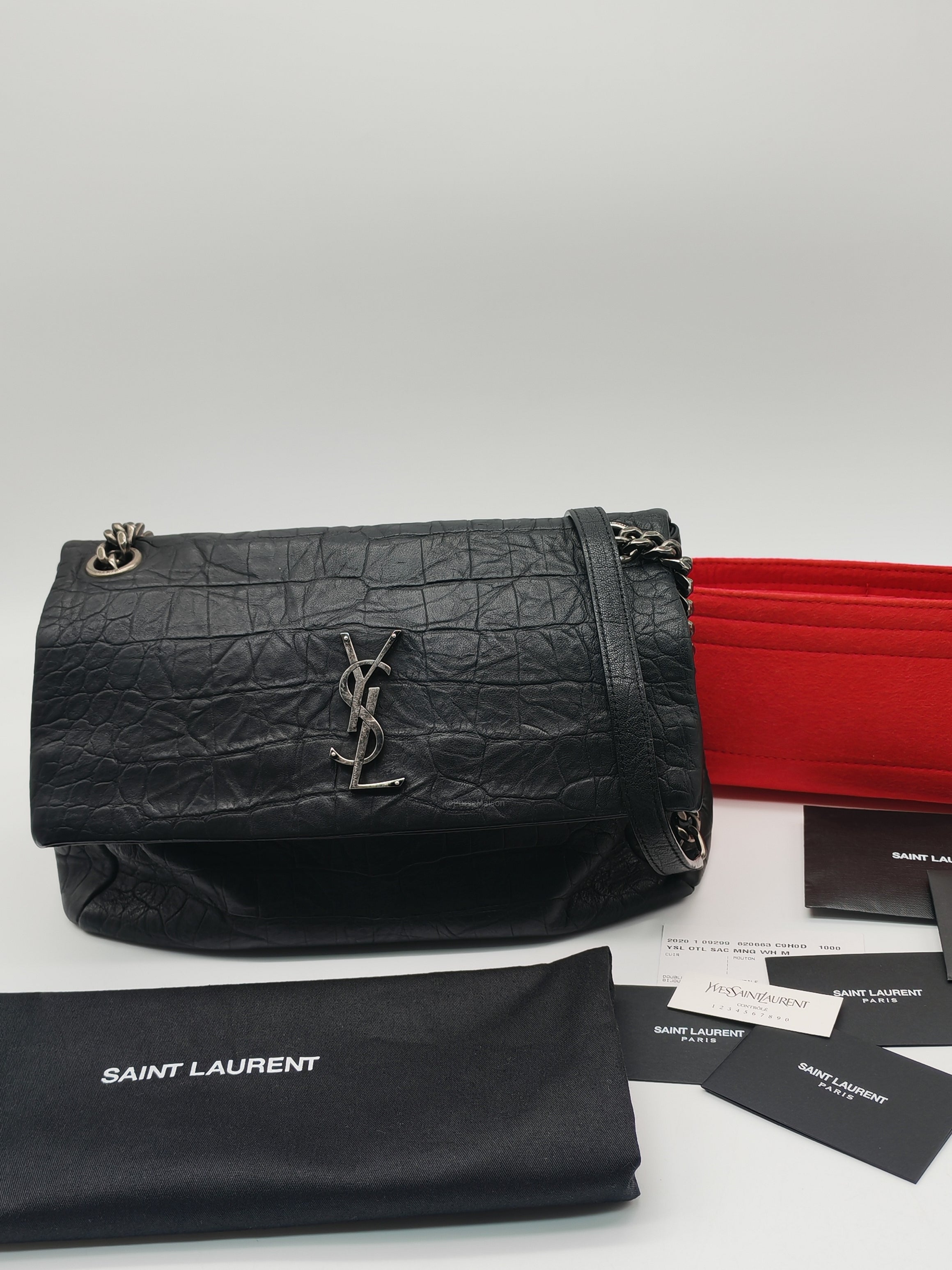 Yves Saint Laurent Medium West Hollywood Monogram Fold-over in Black Crocodile-Embossed Calfskin Leather Crossbody Bag