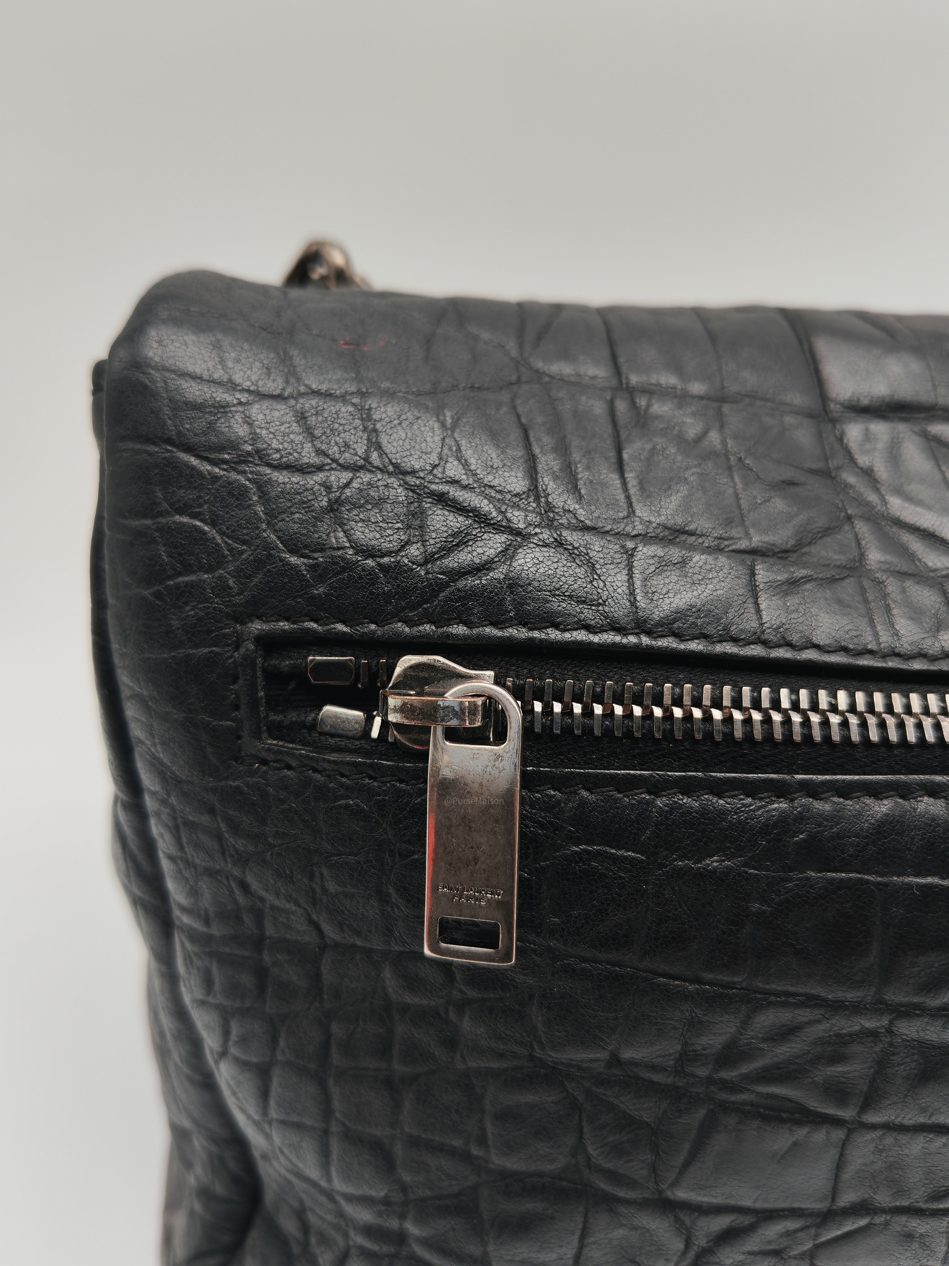 Yves Saint Laurent Medium West Hollywood Monogram Fold-over in Black Crocodile-Embossed Calfskin Leather Crossbody Bag