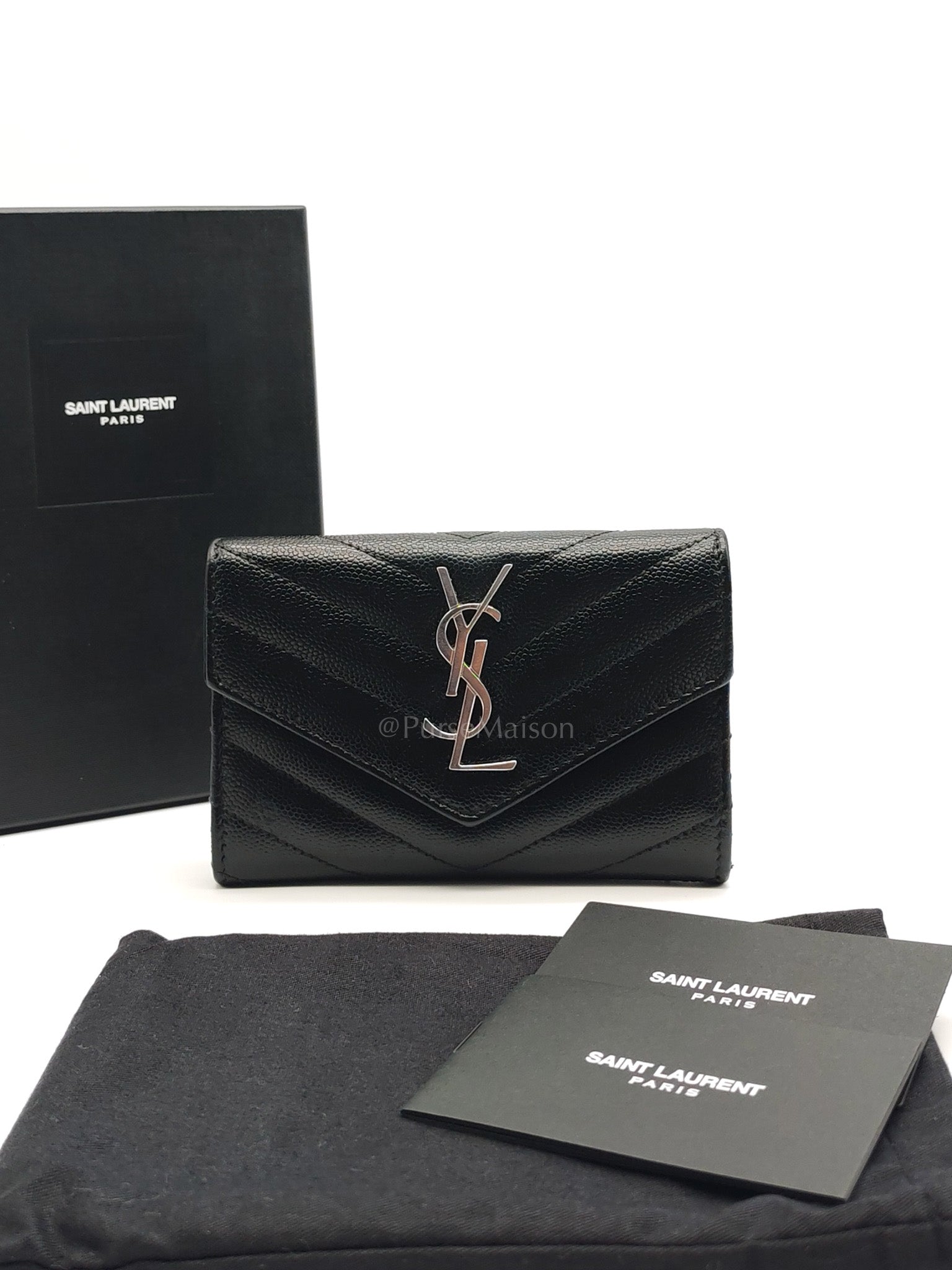 YSL Wallet in Black Grain de Poudre Leather Embossed