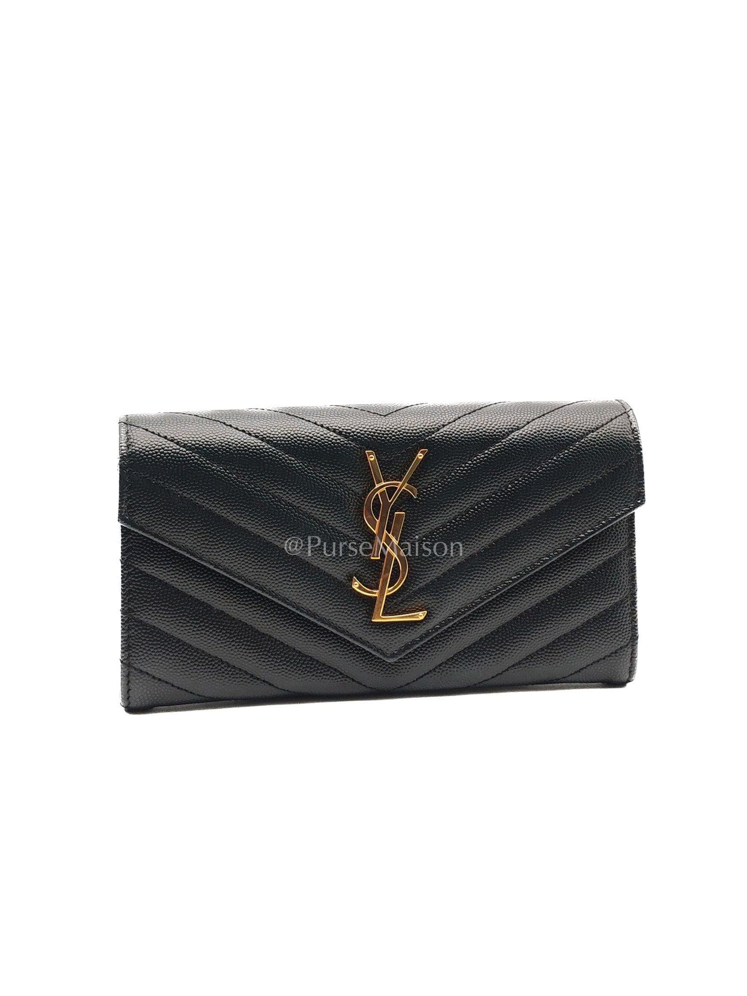 Yves Saint Laurent Long Flap Wallet in Black Cassandre Matelassé Grain De Poudre Leather and Gold Hardware