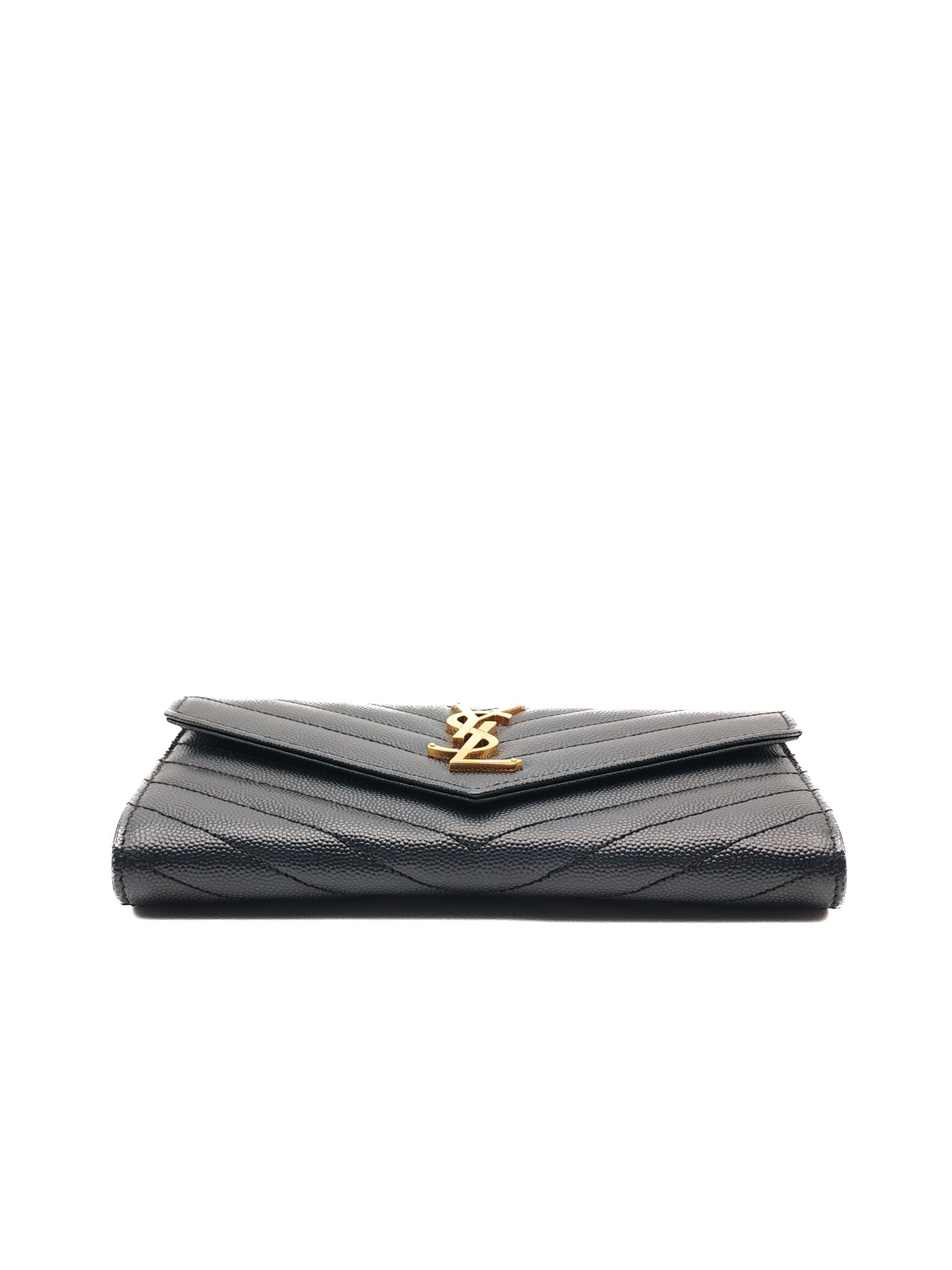 Yves Saint Laurent Long Flap Wallet in Black Cassandre Matelassé Grain De Poudre Leather and Gold Hardware