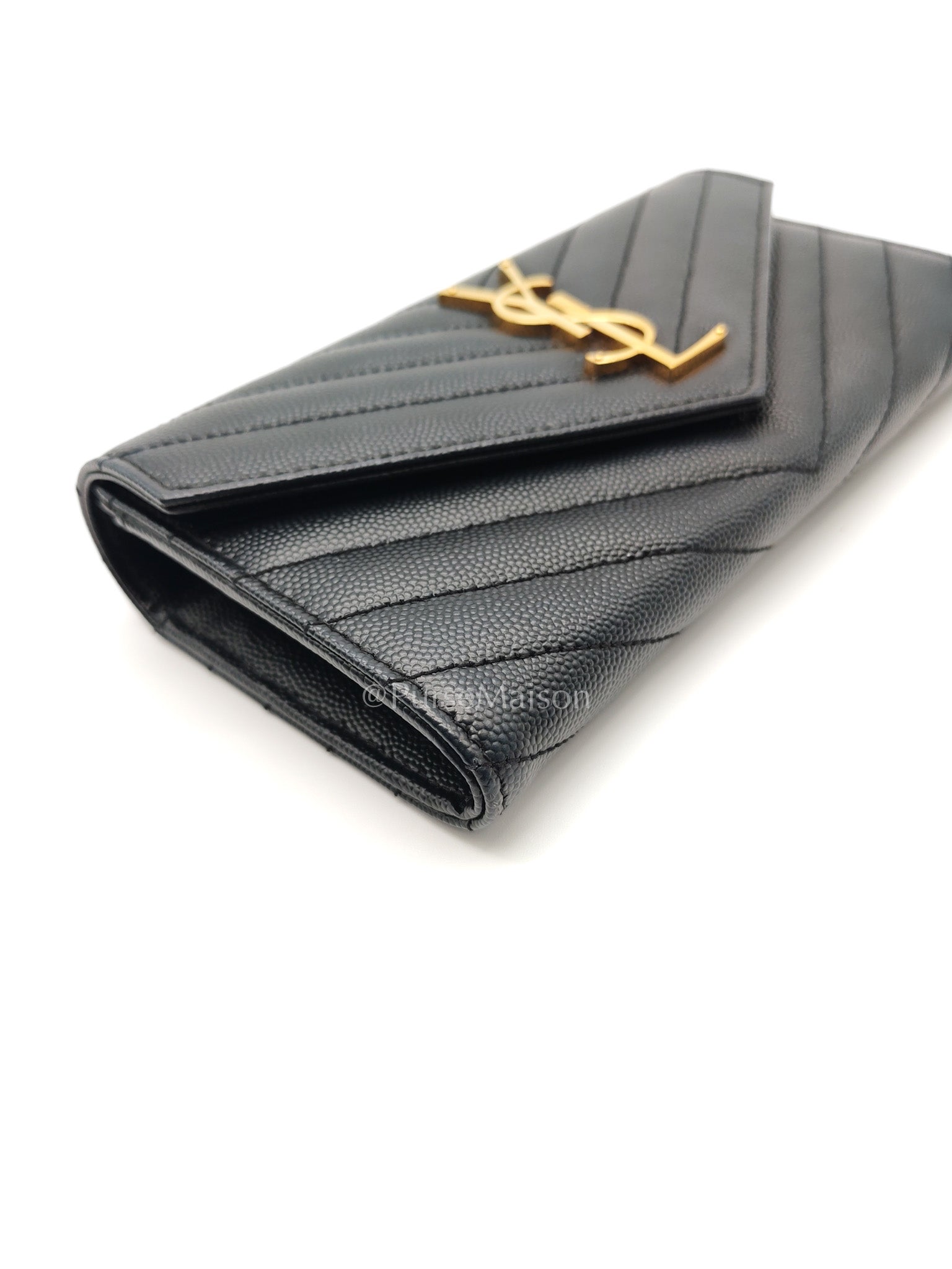 Yves Saint Laurent Long Flap Wallet in Black Cassandre Matelassé Grain De Poudre Leather and Gold Hardware