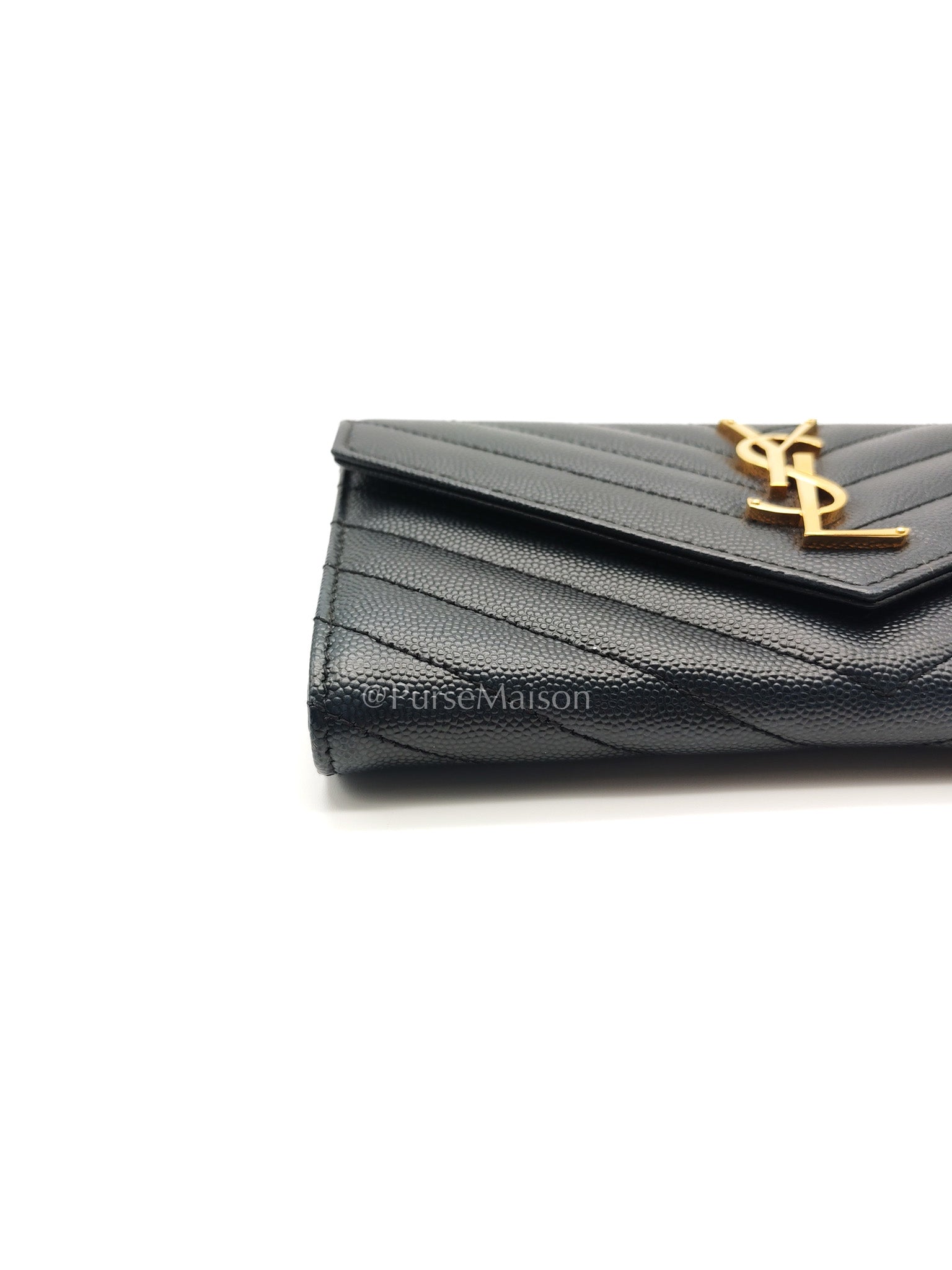 Yves Saint Laurent Long Flap Wallet in Black Cassandre Matelassé Grain De Poudre Leather and Gold Hardware
