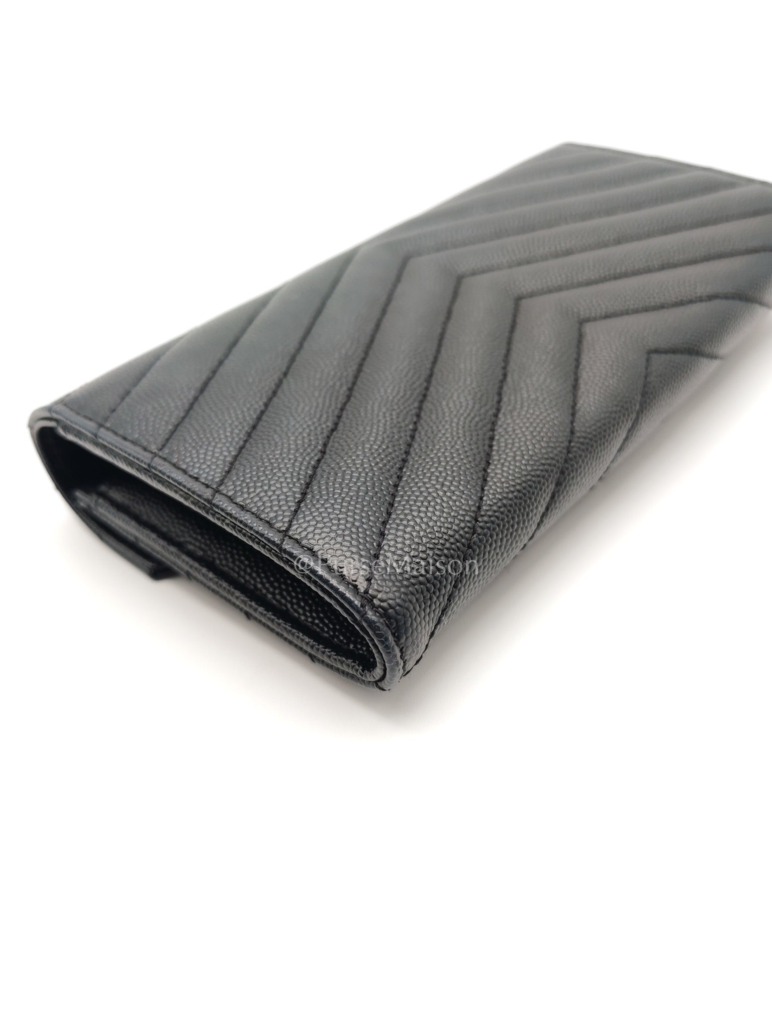 Yves Saint Laurent Long Flap Wallet in Black Cassandre Matelassé Grain De Poudre Leather and Gold Hardware