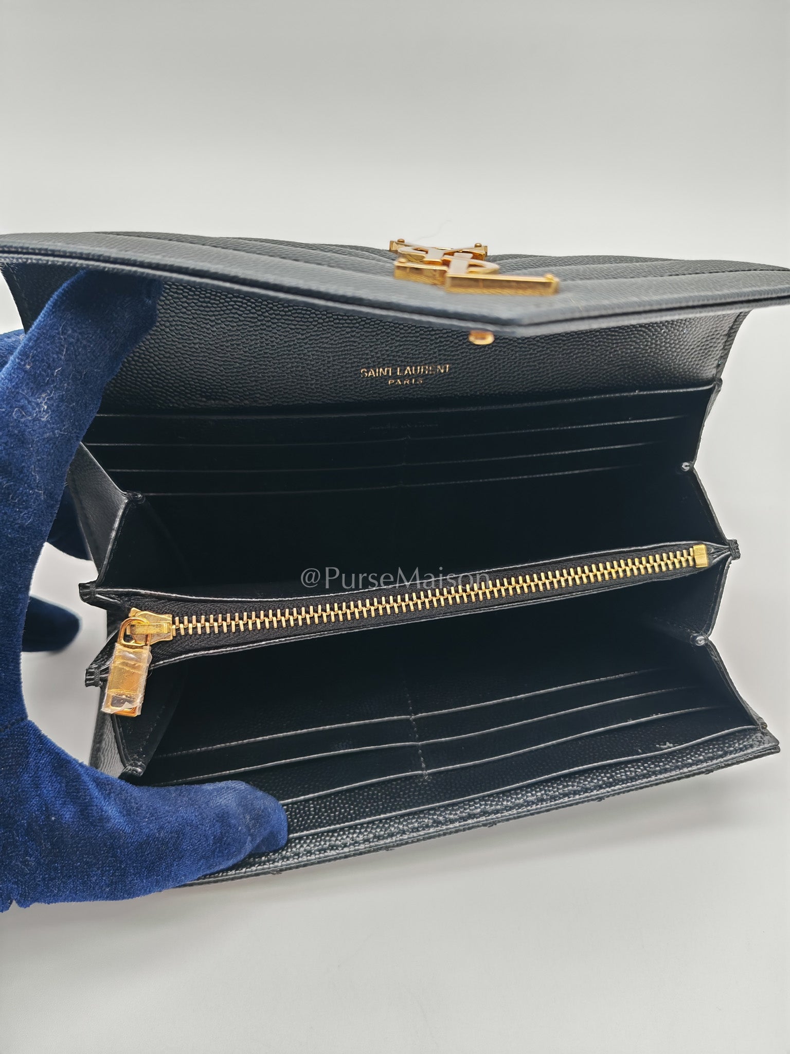 Yves Saint Laurent Long Flap Wallet in Black Cassandre Matelassé Grain De Poudre Leather and Gold Hardware