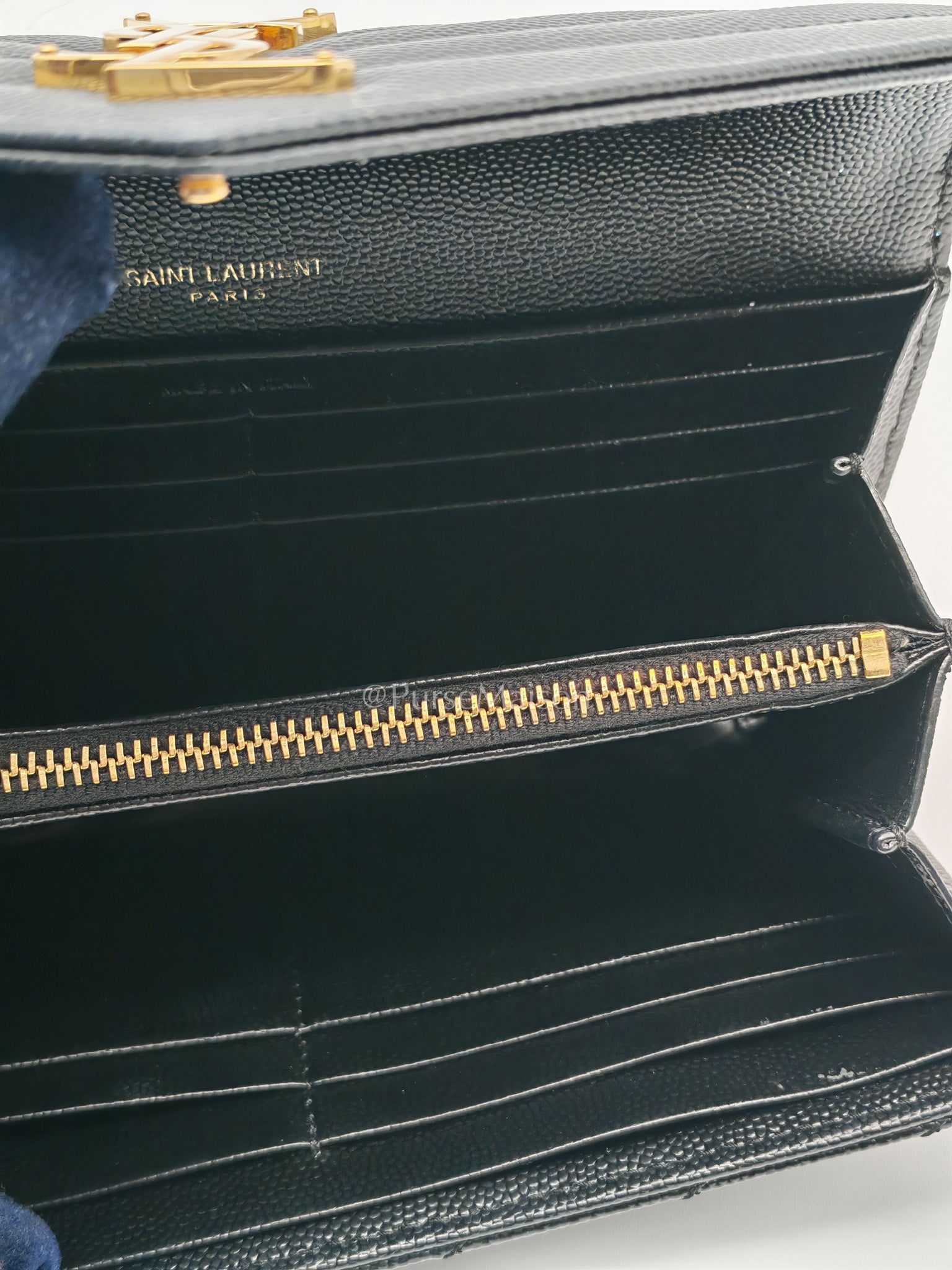 Yves Saint Laurent Long Flap Wallet in Black Cassandre Matelassé Grain De Poudre Leather and Gold Hardware