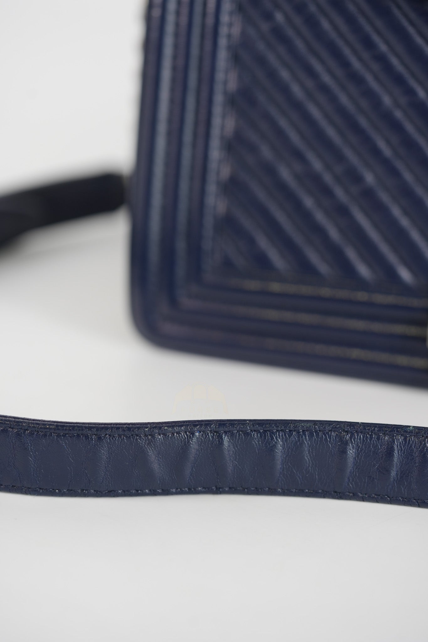 Boy Old Medium in Dark Blue Chevron Lambskin Leather Ruthenium Hardware (Series 20)