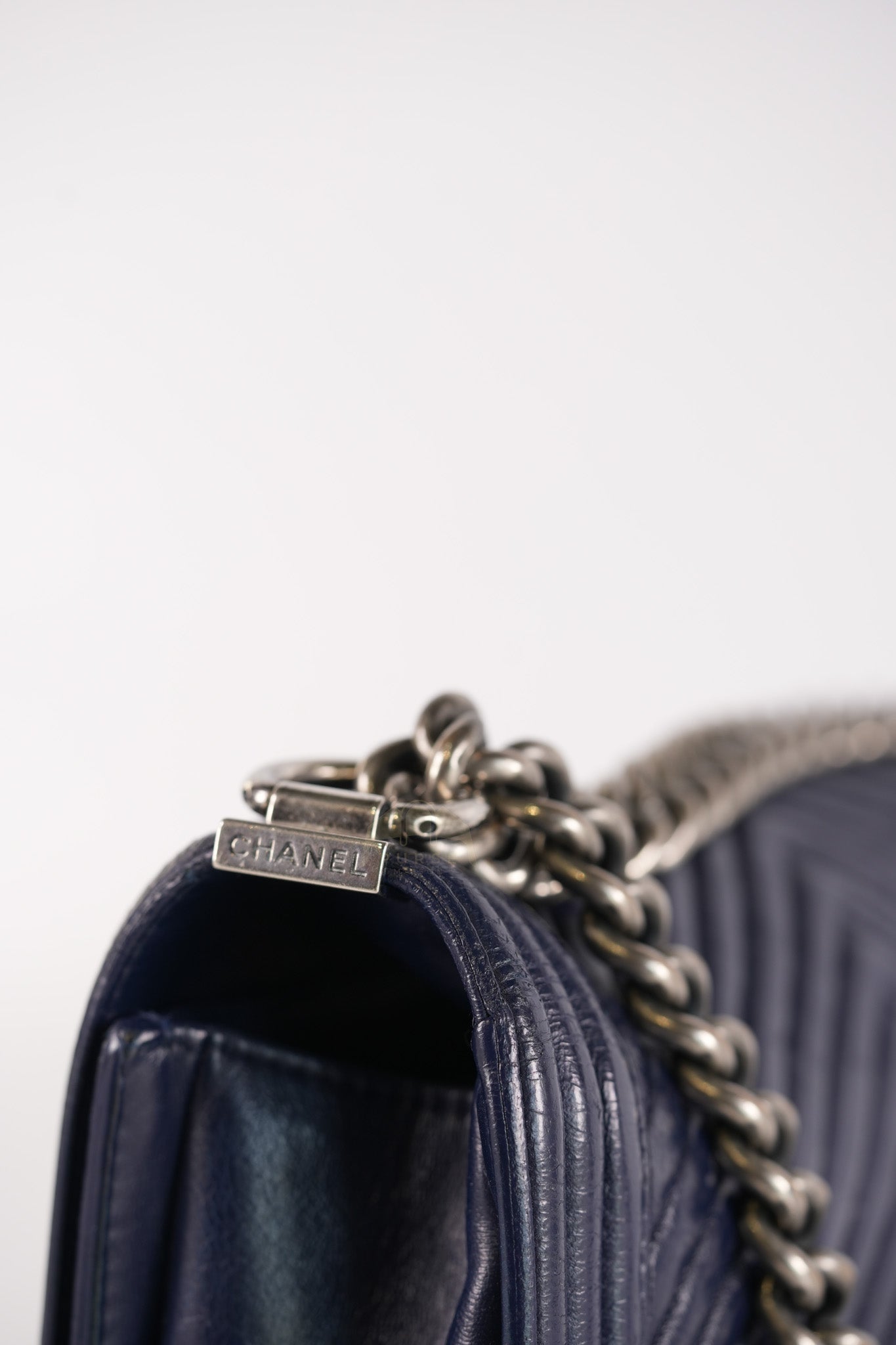 Boy Old Medium in Dark Blue Chevron Lambskin Leather Ruthenium Hardware (Series 20)