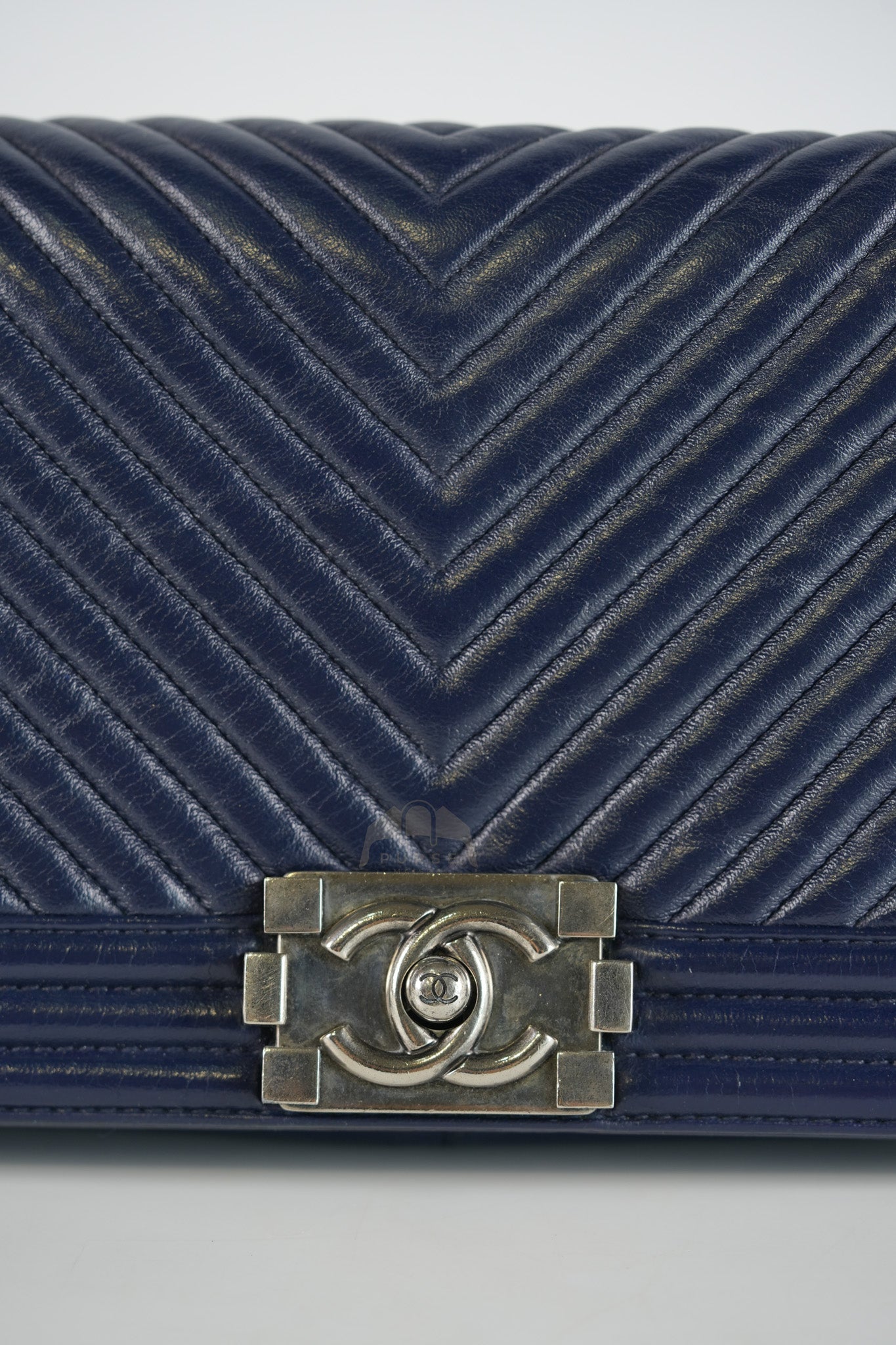 Boy Old Medium in Dark Blue Chevron Lambskin Leather Ruthenium Hardware (Series 20)