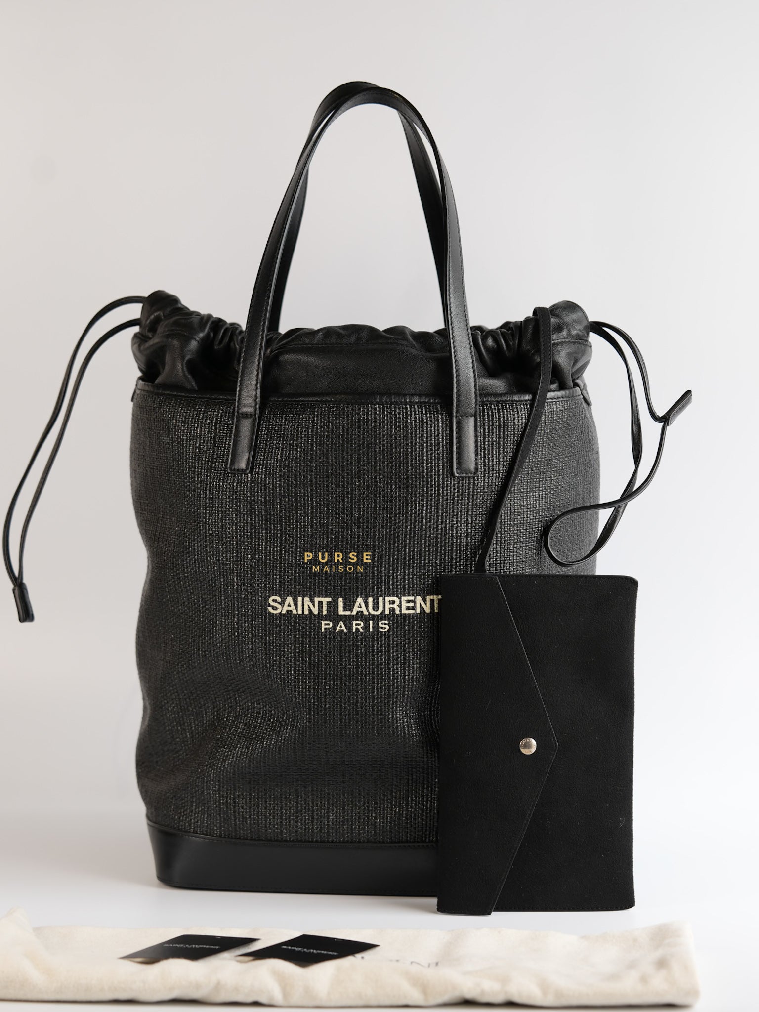 Black Raffia and Leather Teddy Drawstring Tote Bag | Purse