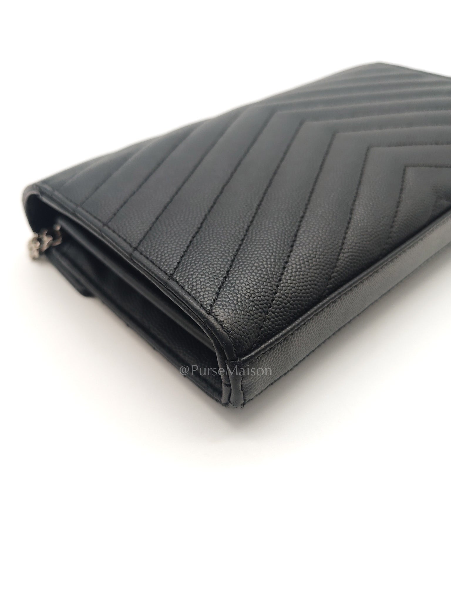 Yves Saint Laurent Cassandre Wallet on Chain in Black Chevron Quilted Grained de Poudre Leather & Silver Hardware | Purse Maison Luxury Bags Shop